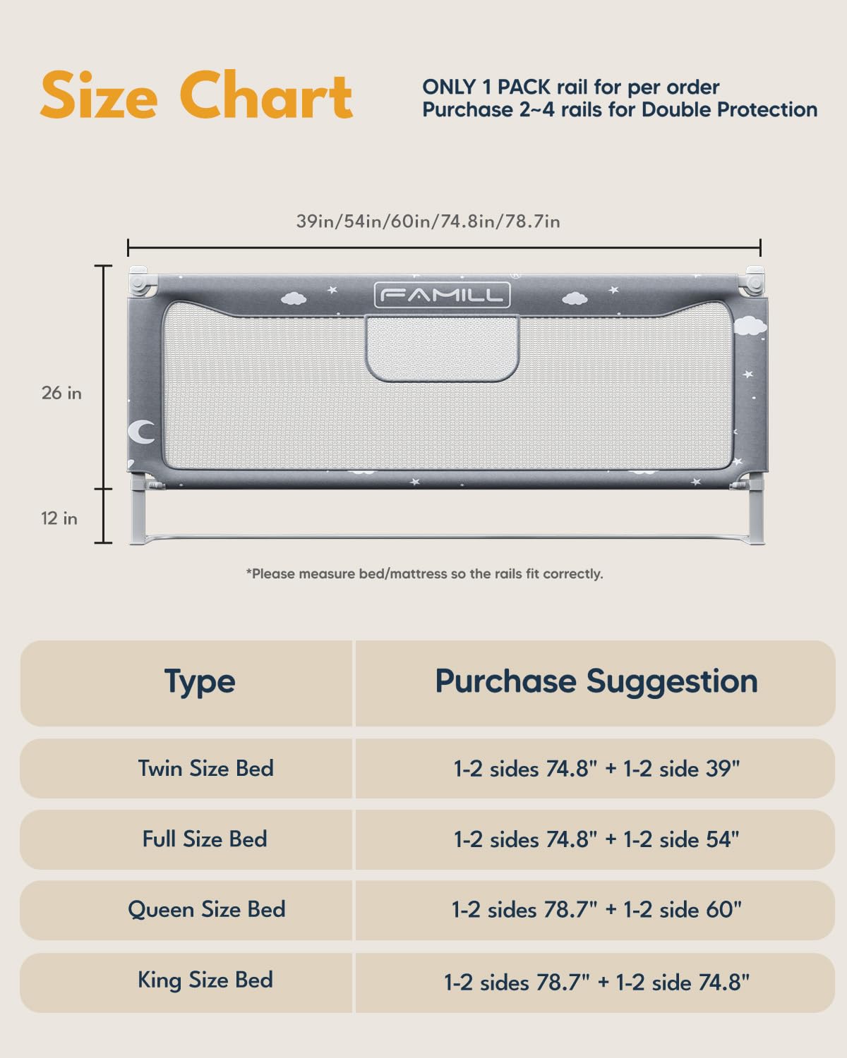 FAMILL Toddler Bed Rail - Quick Assembly Foldable Safety Guard for Kids, U-Shape Base Fits Queen, King, Full & Twin Beds (74.8