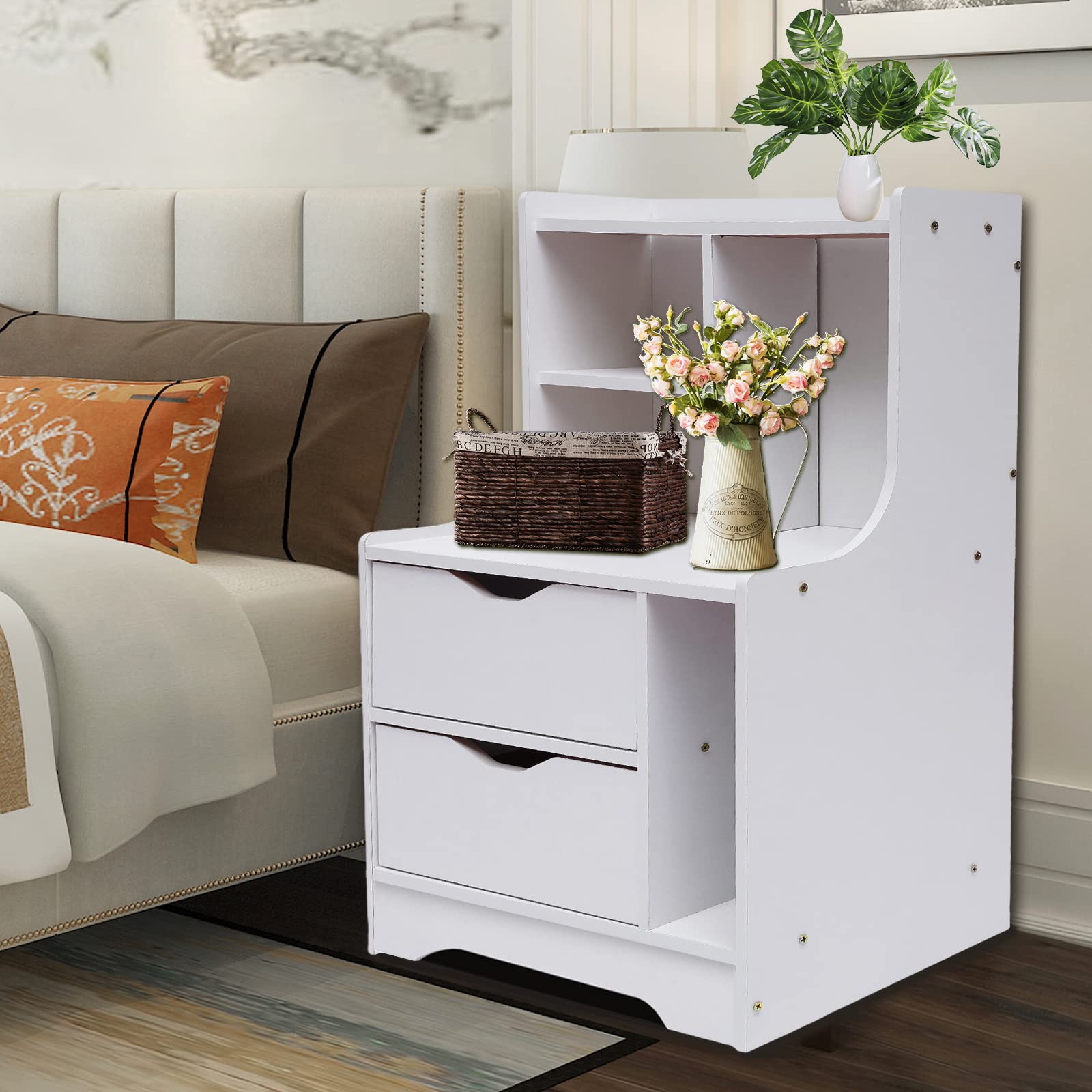 White Wood Nightstand with 2 Drawers - Bedside Table for Bedroom & Living Room Storage