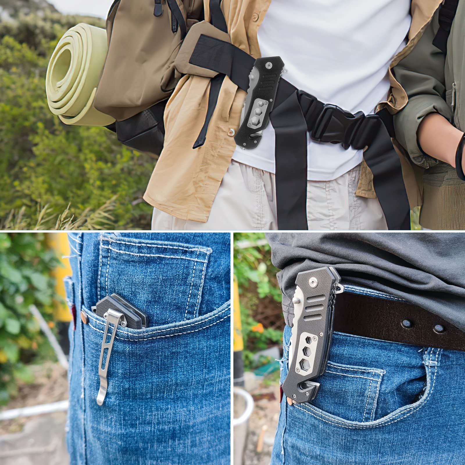 HONZIN 6-in-1 Stainless Steel 3Cr13 Pocket Knife Multitool with Belt Clip, G10 Handle - Portable Folding Survival Knife for Outdoor Camping, Hiking & Emergency Rescue