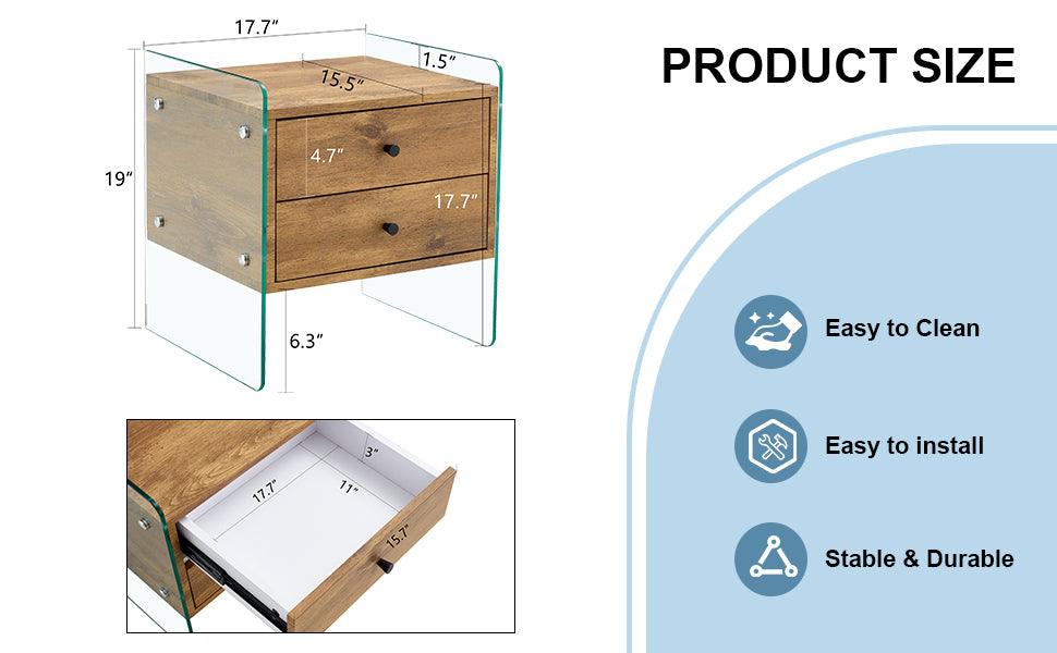 Modern Double Drawer Bedside Table with MDF Sticker Surface & Tempered Glass Sides - Elegant Design & Spacious Storage for Bedroom, Living Room, or Office