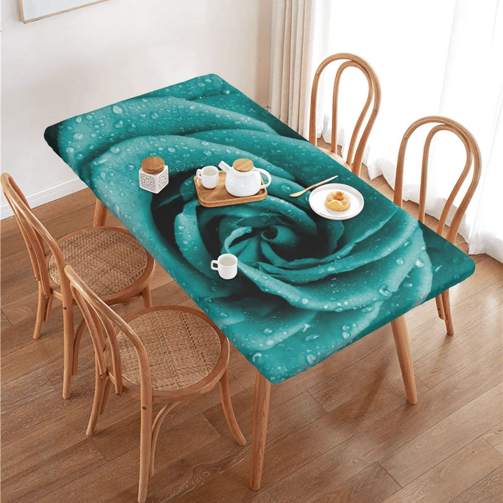 Waterproof Green Rose Tablecloth for 4 FT (48''x30'') Rectangle Tables - Foldable Elastic Edged Fitted Table Cover for Picnic, Party, Dining Room & Outdoor Events | Elegant Hipster Design
