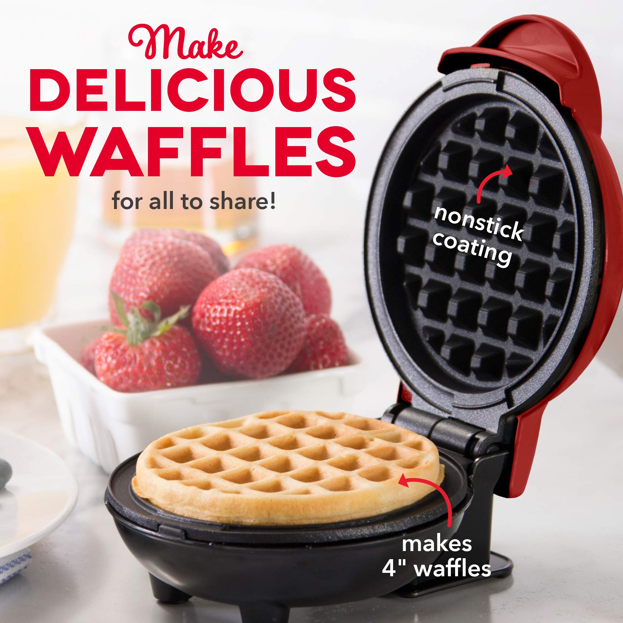 DASH DMWGS001RD 4-Inch Mini Waffle Maker for Paninis, Hash Browns & More - Compact Red Waffle Iron Machine with Gift Set - Perfect for Breakfast, Snacks & Small Kitchen Spaces