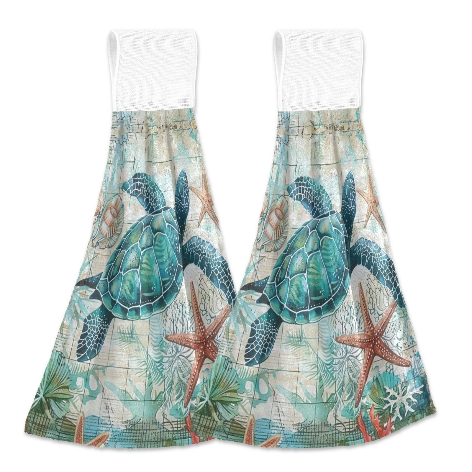 Boccsty 2-Pack Sea Turtle & Starfish Bath Towels - Soft Absorbent Finger Tip Hand Towels for Bathroom, Kitchen, Farmhouse Decor - Perfect for Beach Themed Home, Coastal Decor & Ocean Lover Gifts