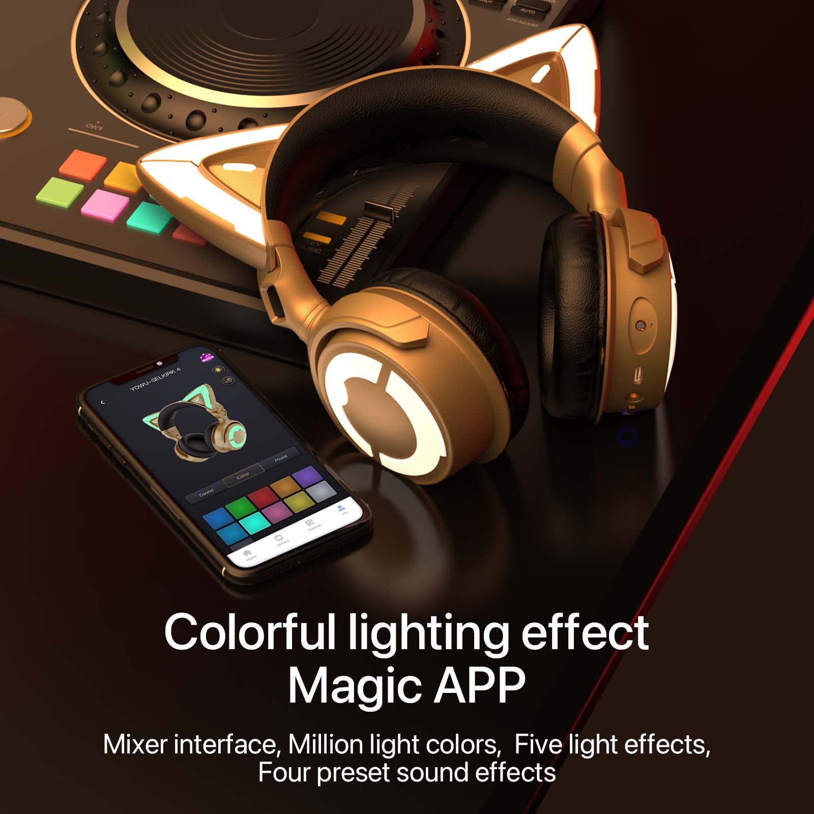 YOWU Cat Ear Headphones DJ - RGB Wireless & Wired Gaming Headset with Mic for PC/PS4/PS5/XBOX/Switch - Customizable Lighting Effects for Gamers (Gold) - Perfect for Gaming, Streaming, and Cosplay Events