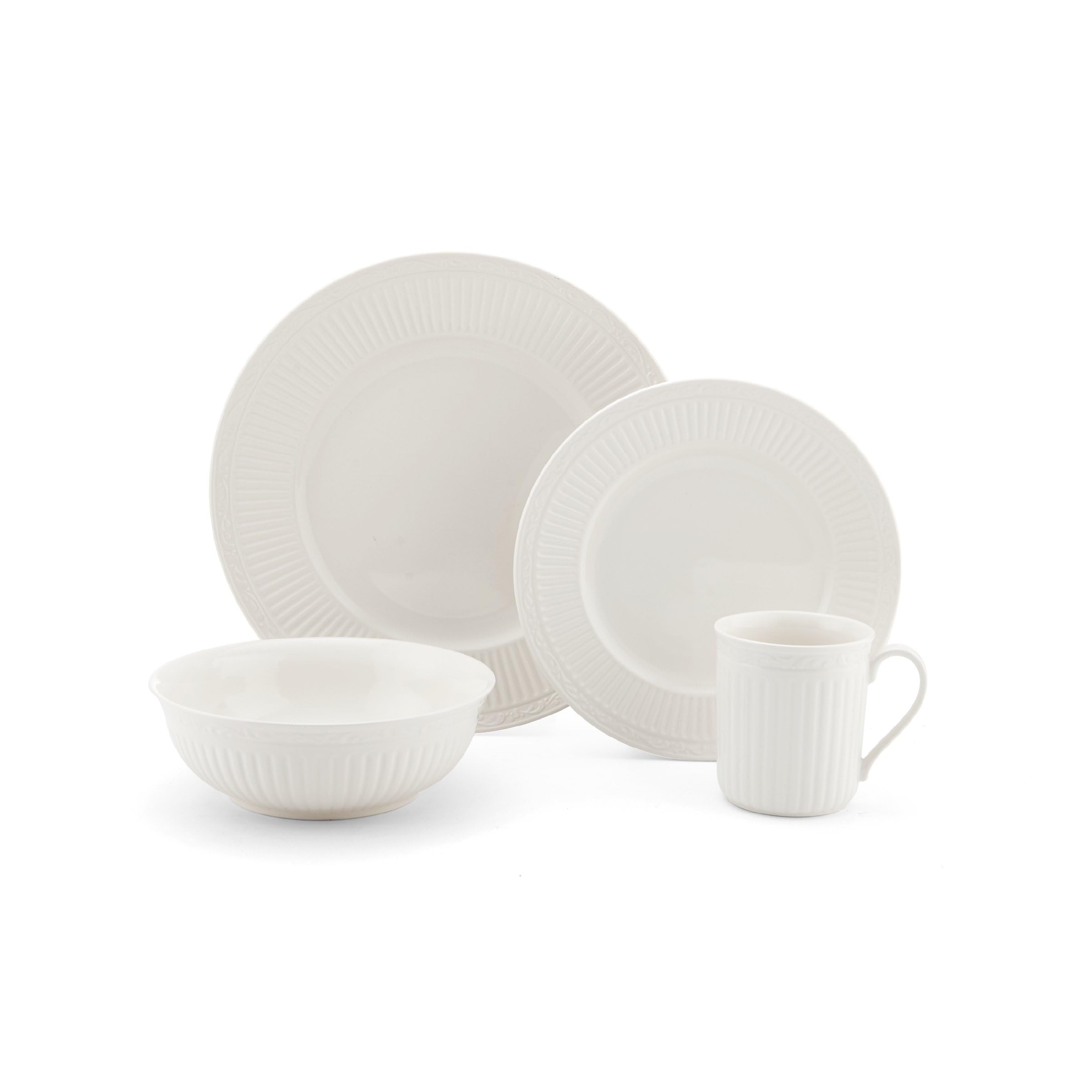Mikasa Italian Countryside 16-Piece Dinnerware Set - Classic White Porcelain with Fluted Bands, Service for 4 - Dinner Plates, Salad Plates, Bowls & Mugs - Microwave & Dishwasher Safe - Perfect for Family Dinners, Entertaining Guests & Everyday Use