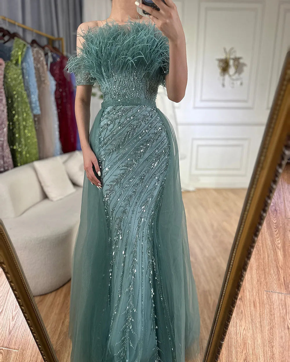 Luxury Dubai Saudi Arabic Beaded Caramel Mermaid Evening Gown with Overskirt - Elegant Formal Dress for Weddings, Galas & Special Occasions LA71634A