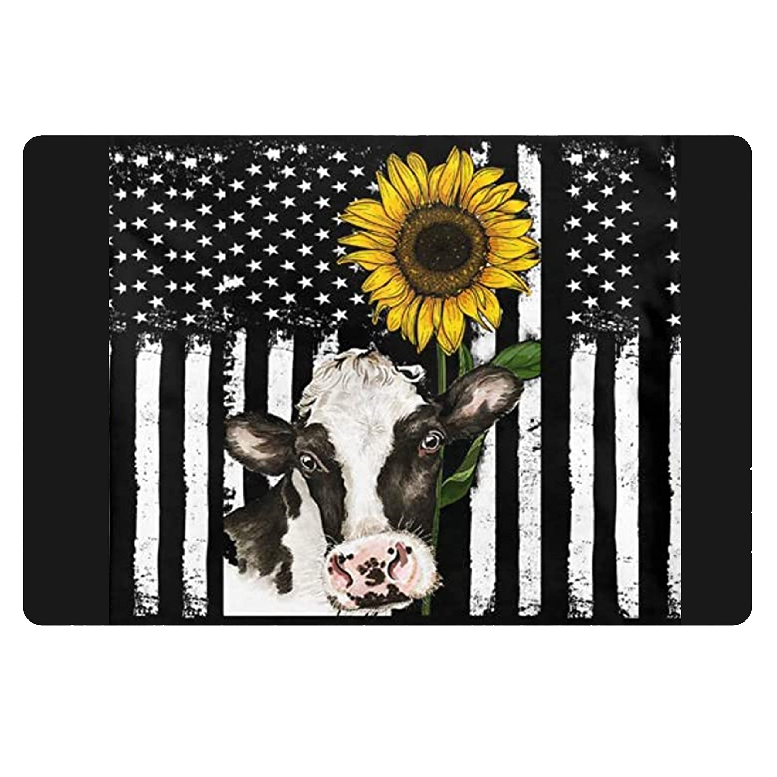 FANCOSAN FKELYI American Flag Sunflower Doormat - Indoor/Outdoor Low Profile Welcome Mat with Black Cow Animal Print - Easy to Clean Non-Slip Floor Carpet for Front Door, Porch, and Patio Decor