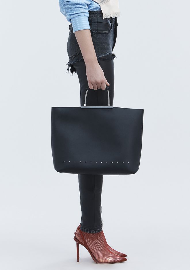 Alexander Wang Black Leather Zip Top Tote Bag with Logo Letters - Stylish Designer Handbag for Work, Travel & Everyday Use