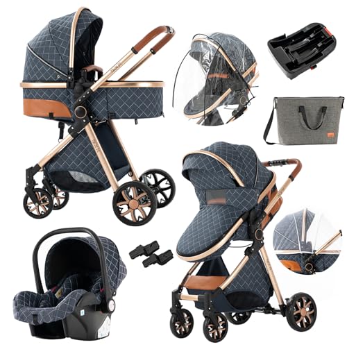 3 in 1 Convertible Baby Stroller - Reversible Travel System, Foldable Lightweight Pushchair with Adjustable Canopy for Newborn to Toddler (Blue) | Perfect for Shopping, Travel & Outdoor Walks