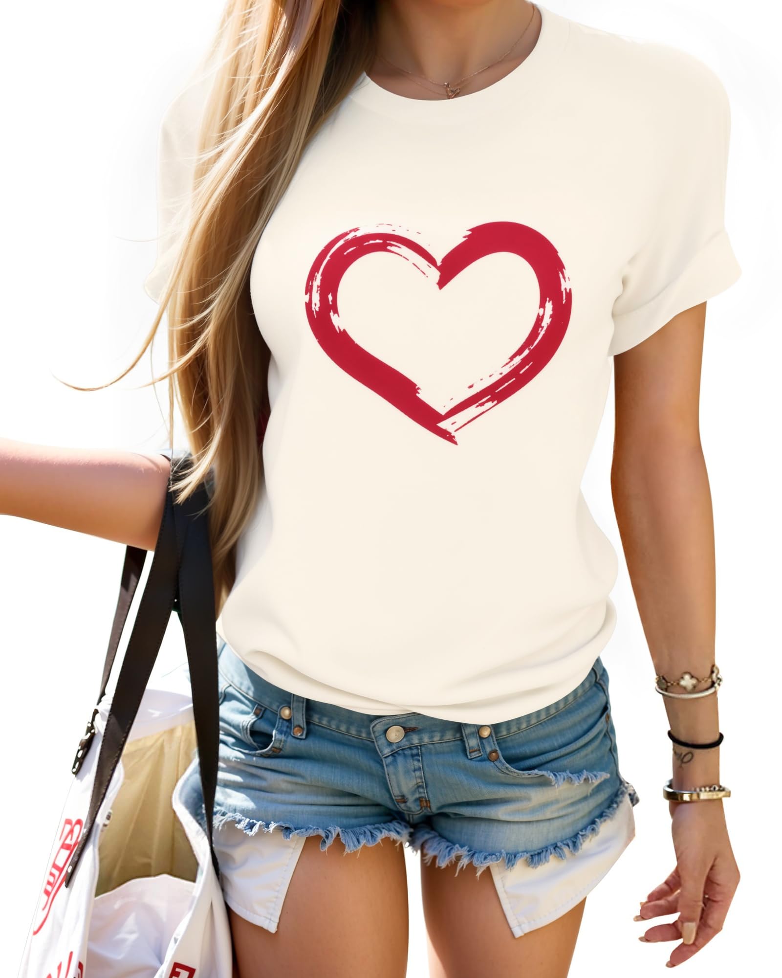 HERLOLLYCHIPS Women's Cute Heart Print Crewneck Short Sleeve T-Shirt - Regular Fit Casual Top for Summer Outings, Date Nights & Everyday Wear