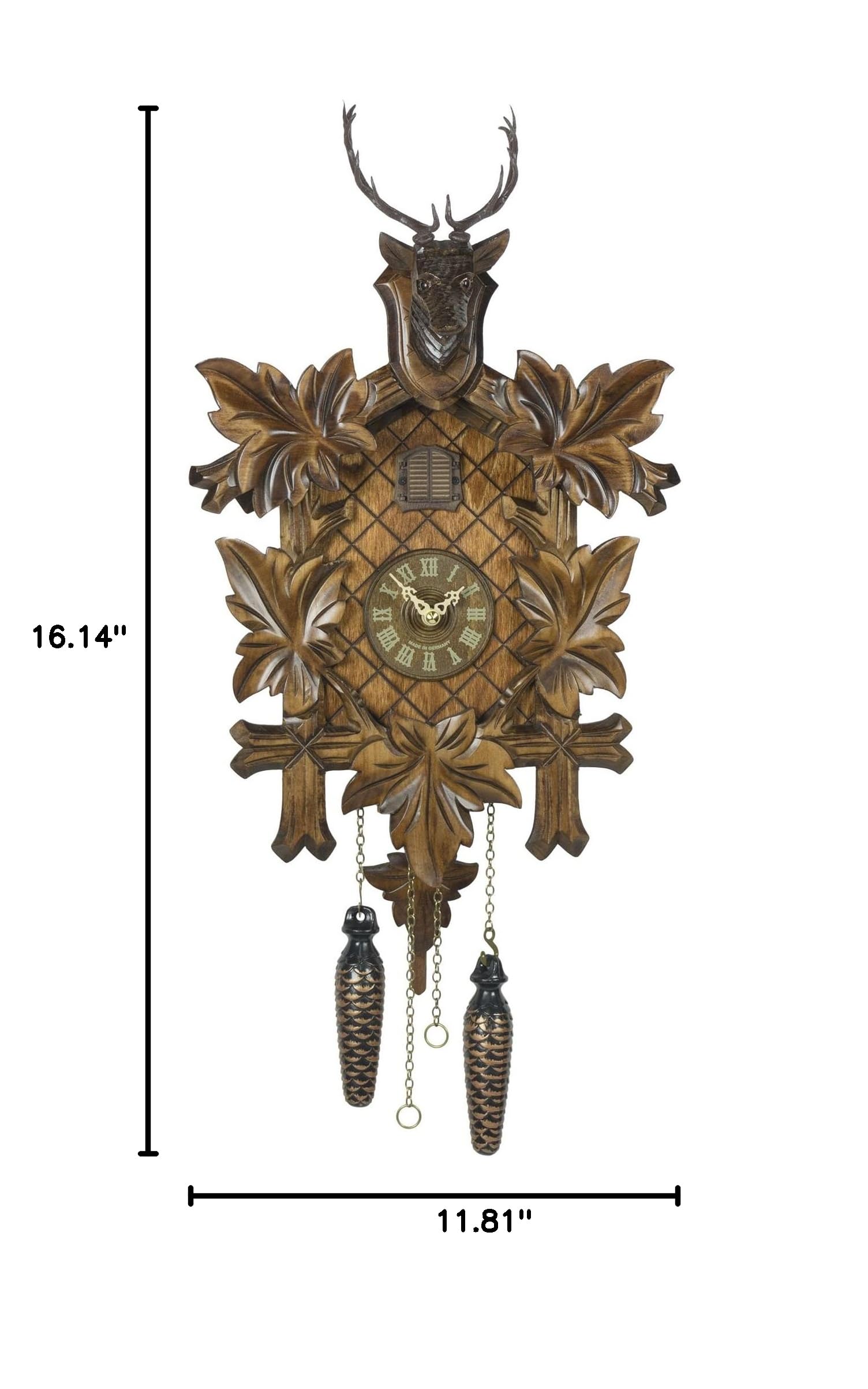 Trenkle Quartz Cuckoo Clock with 5 Leaves & Deer Head Design - Musical Wall Clock for Home Decor, Living Room, Cabin & Office