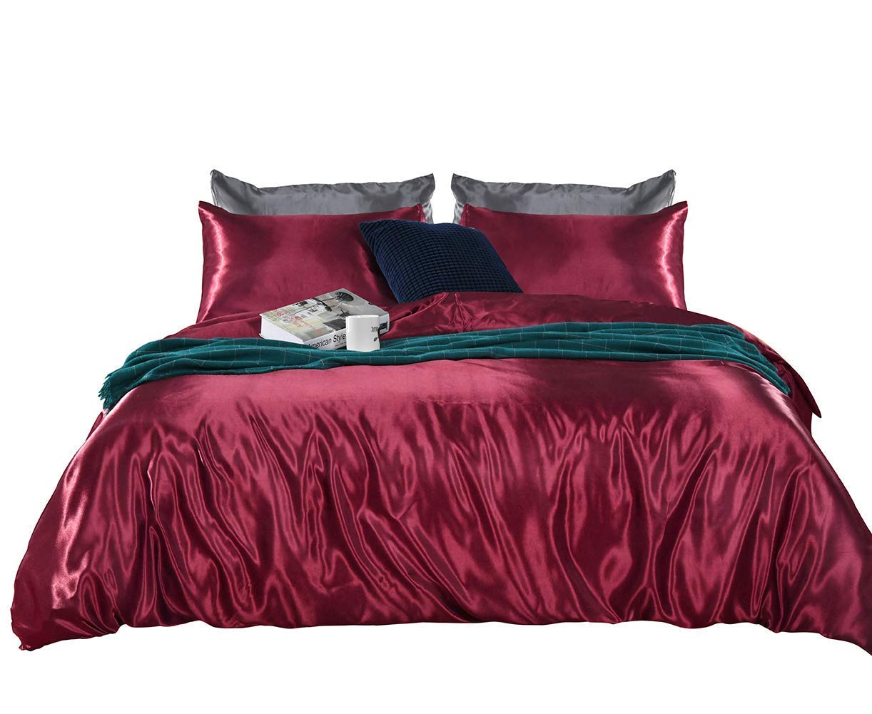 Luxurious Silk-Like Satin 5-Piece Comforter Set - Ultra Soft & Durable (Comforter, Flat Sheet, Fitted Sheet, 2 Pillow Cases) - Burgundy California King Size Bedding for Master Bedroom & Guest Room Elegance