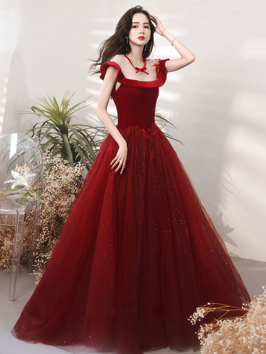 Elegant Burgundy Round Neck Tulle Lace Long Prom Dress - Formal Evening Gown for Homecoming, Wedding, and Special Occasions