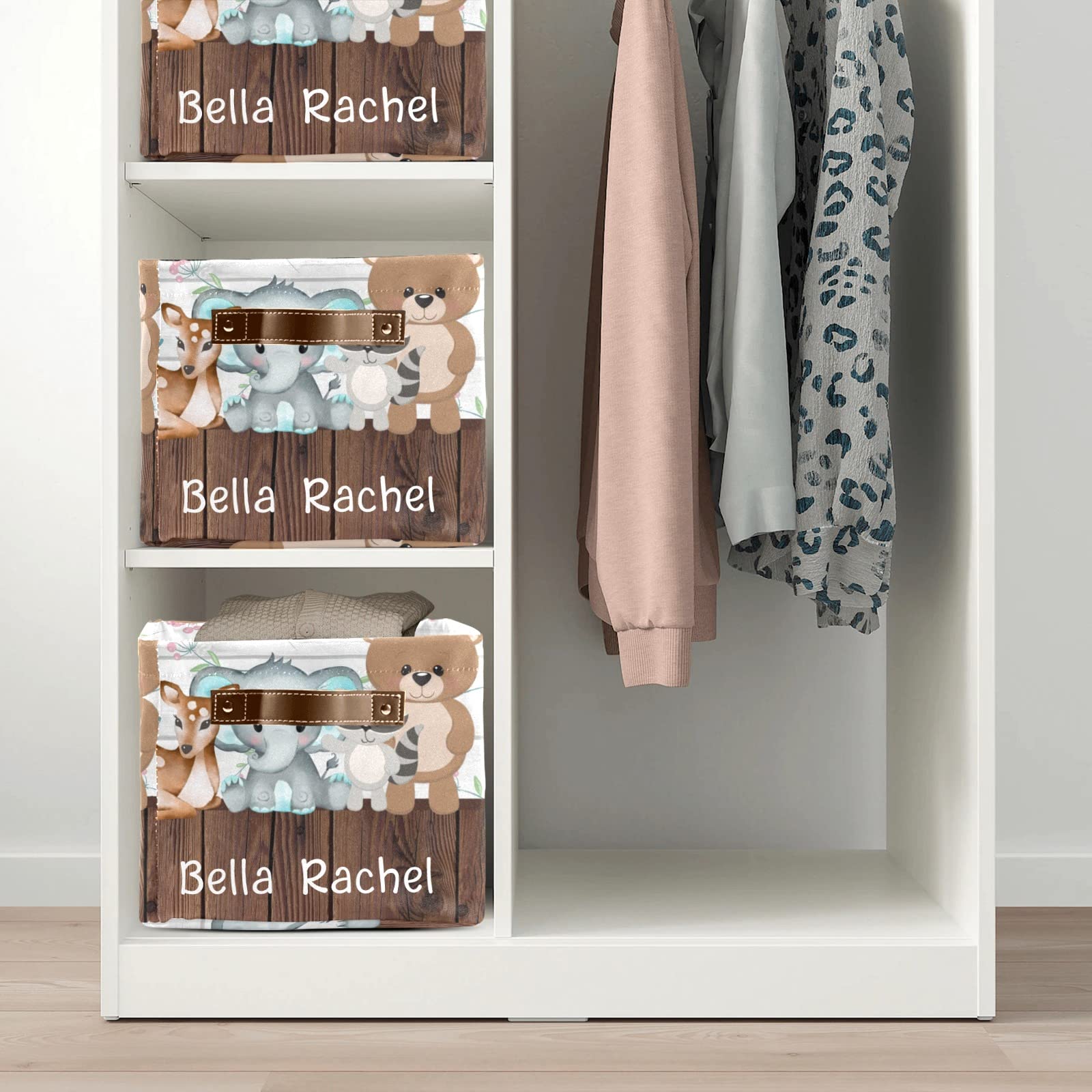 Personalized Wooden Cute Forest Animals Storage Bins - Durable Handle Toy Organizer Basket for Nursery, Wardrobe & Shelves (1 Pack) - Perfect for Kids' Room Decor & Clutter Organization
