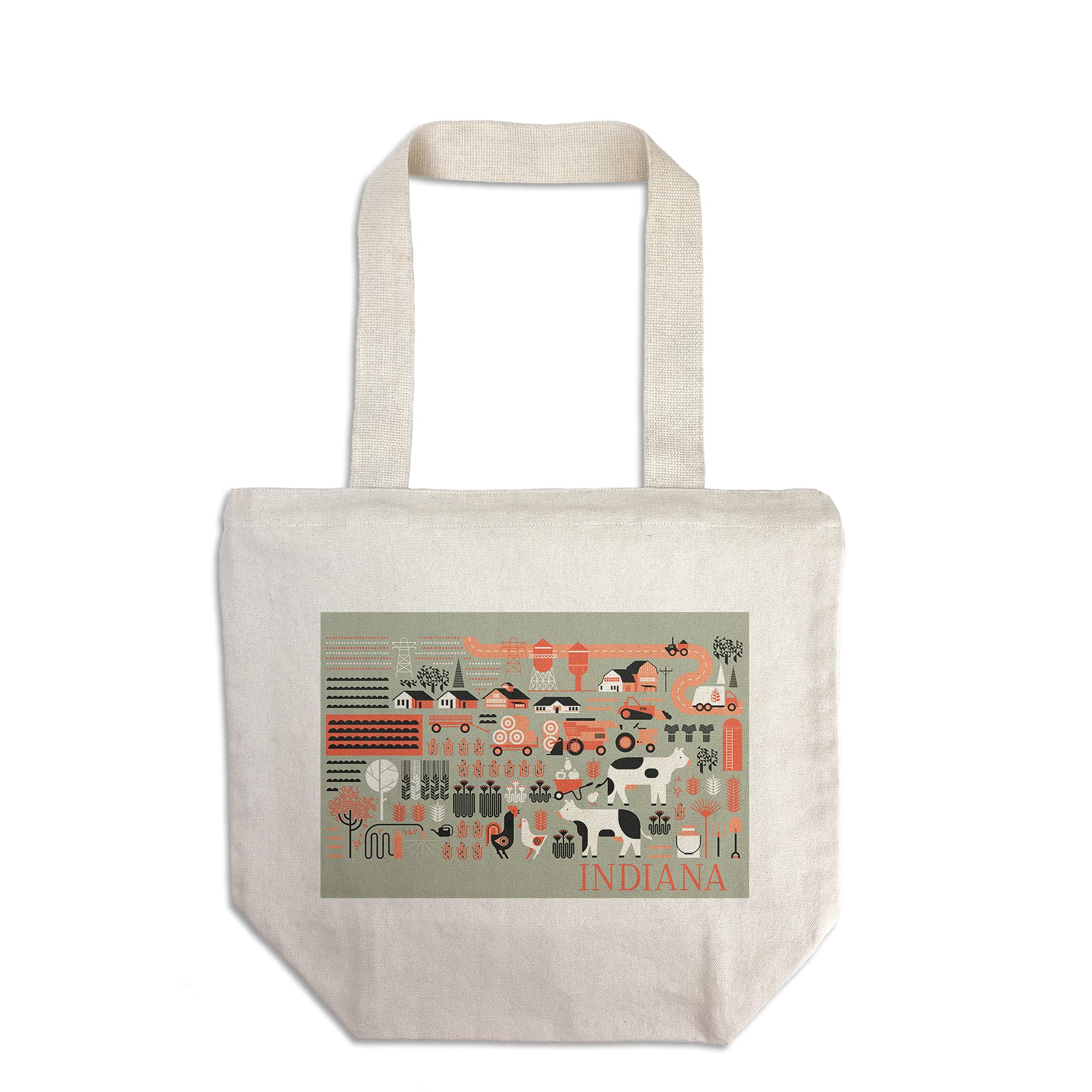 Lantern Press Indiana Farm Folk Art Tote Bag - 100% Cotton Canvas Reusable Shopping Bag for Groceries, Beach & Farmers Market