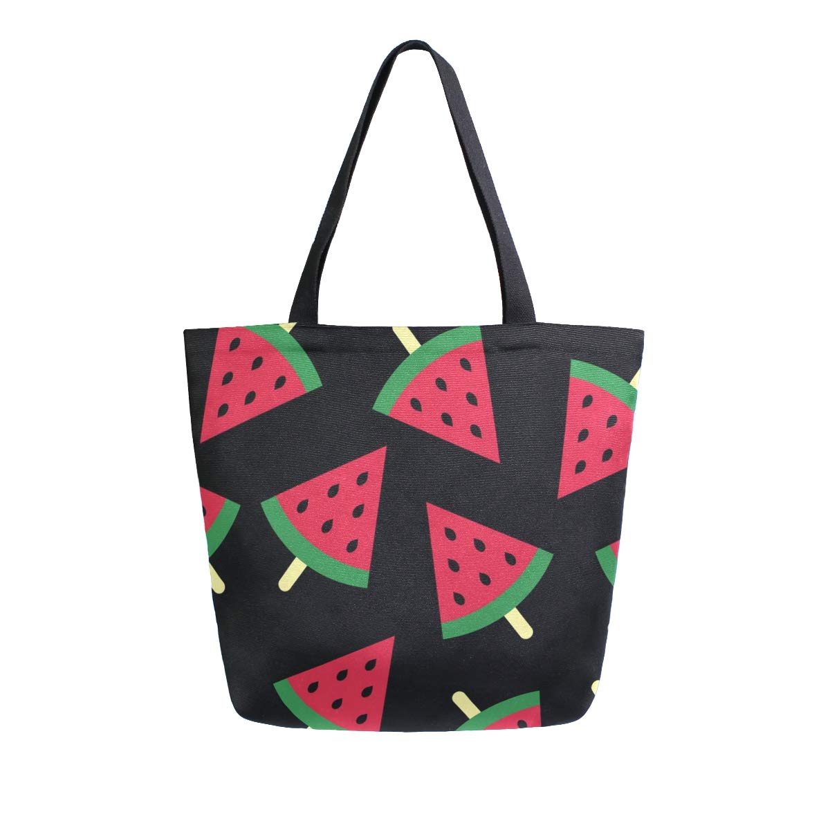 VIKKO Red Watermelon Popsicle Print Black Canvas Tote Bag - Large Reusable Grocery Shopping Bag for Women, Work, Travel & Beach | Eco-Friendly Casual Shoulder Handbag