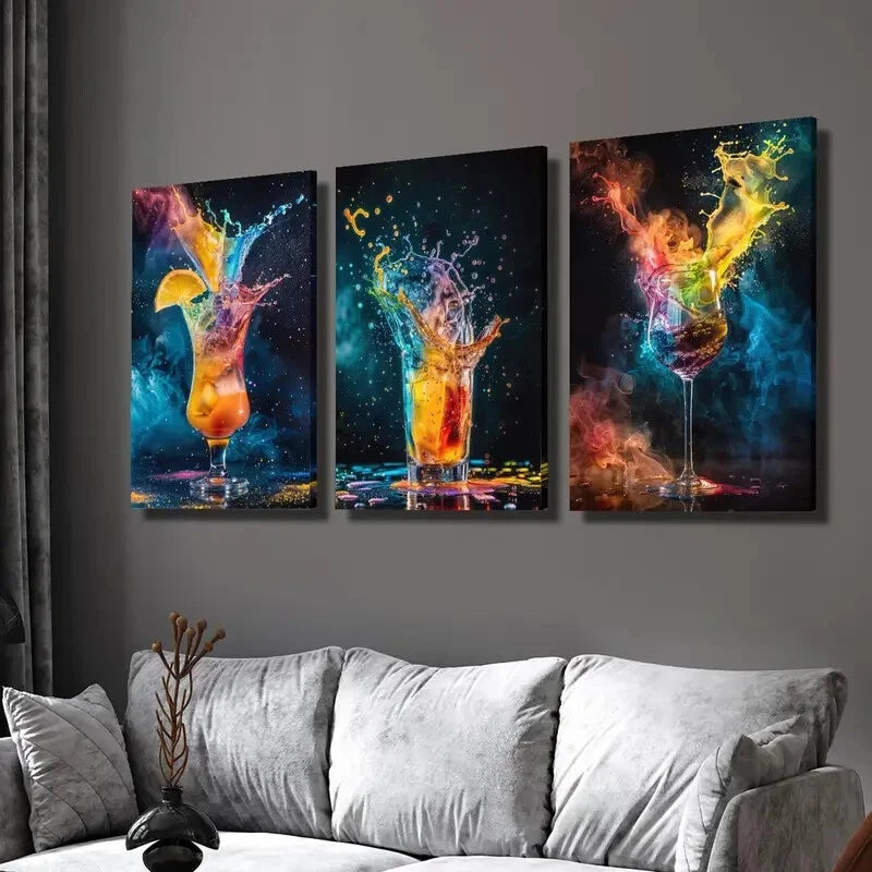 3-Piece Colorful Drink Splashes Starry Night Wall Art Set - 40x60cm Framed Canvas Prints - High Quality Australian Made Ready-to-Hang Paintings for Living Room, Bedroom & Office Decor