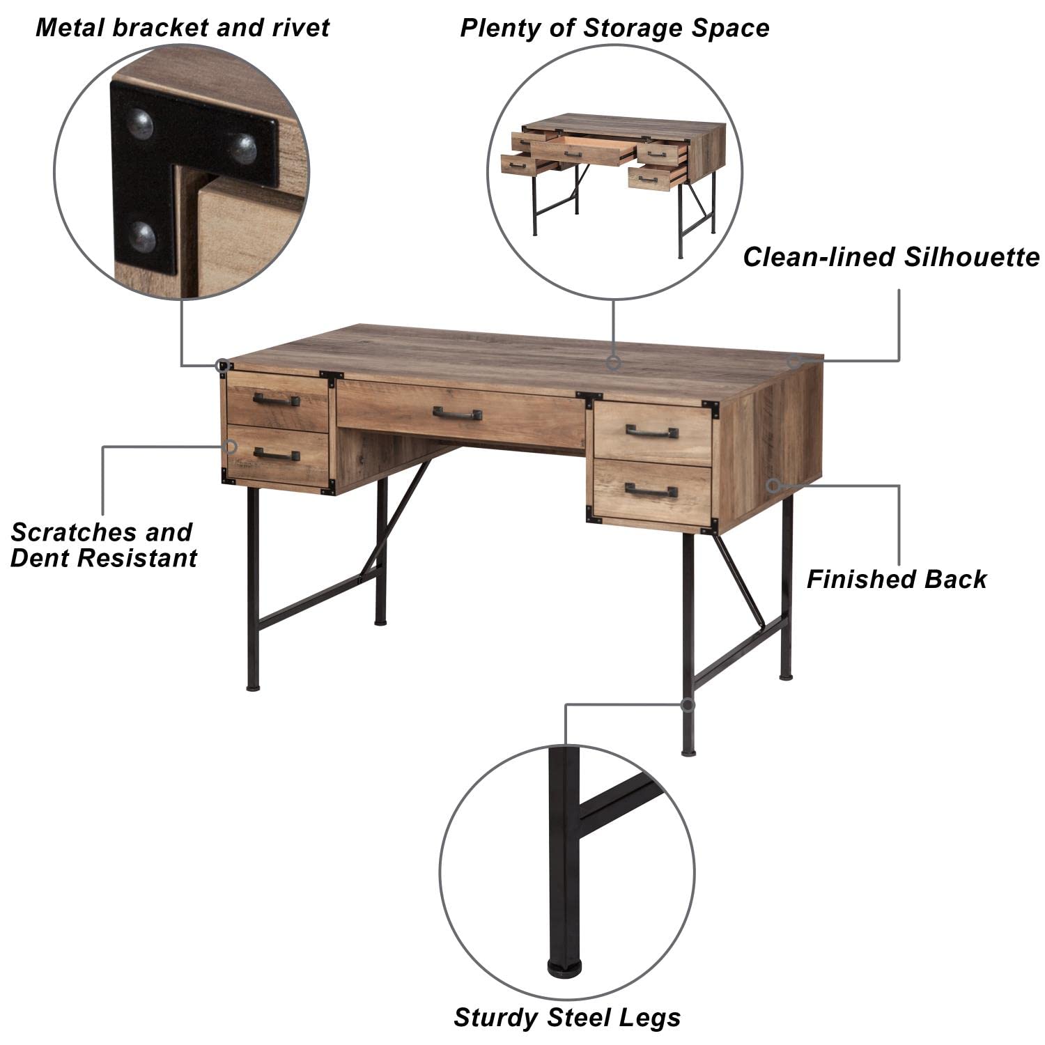 Saint Birch Oxford 5-Drawer Transitional Wood Writing Desk in Rustic Oak - Home Office Furniture for Study, Work & Remote Learning