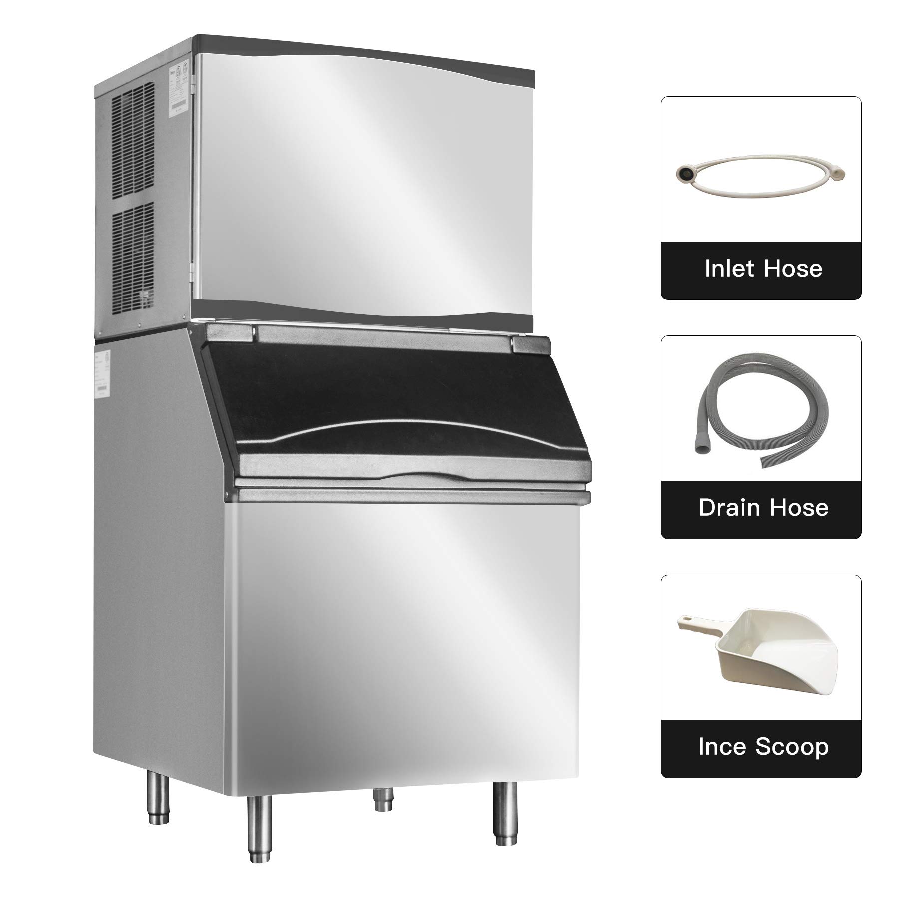 Atosa Commercial Ice Maker Machine with Bin - 460lbs/24h Stainless Steel Automatic Ice Maker for Restaurants, Supermarkets & Bars - Perfect for High-Volume Ice Production in Food Service Businesses