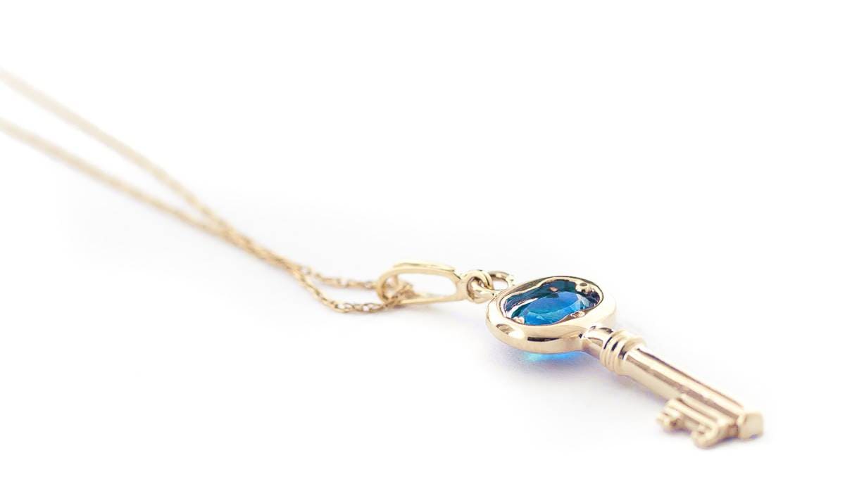 0.5 Carat 14K Solid Yellow Gold Key Charm Necklace with Blue Topaz - Elegant Pendant for Women, Gift for Her, Birthday, Anniversary, Valentine's Day