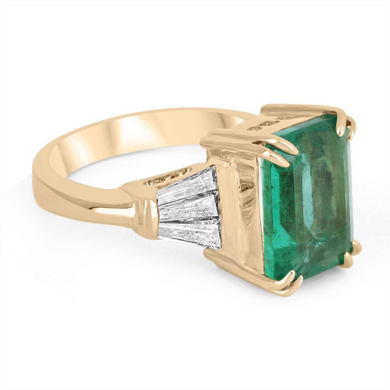 4.76tcw Emerald Cut Emerald & Tapered Baguette Diamond 18K Gold Ring - Elegant Jewelry for Weddings, Anniversaries & Special Occasions