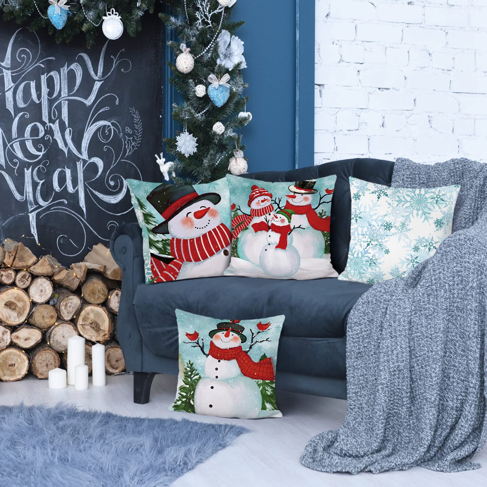 Bonhause 18x18 Inch Snowman Throw Pillow Covers - Winter Pine Tree & Snowflake Decorative Cushion Covers Set of 4 for Sofa, Couch, Bed - Christmas Holiday Home Decor for Living Room, Bedroom Seasonal Cozy Decorations