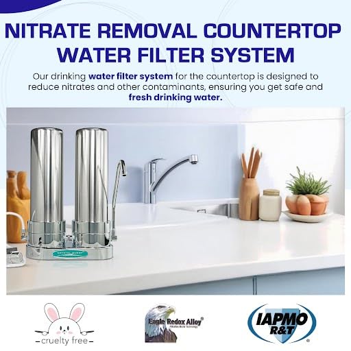 Premium Nitrate Removal Countertop Water Filter System - Stainless Steel Housing with Dual Cartridges | Crystal Quest | Perfect for Home, Office & RV Use