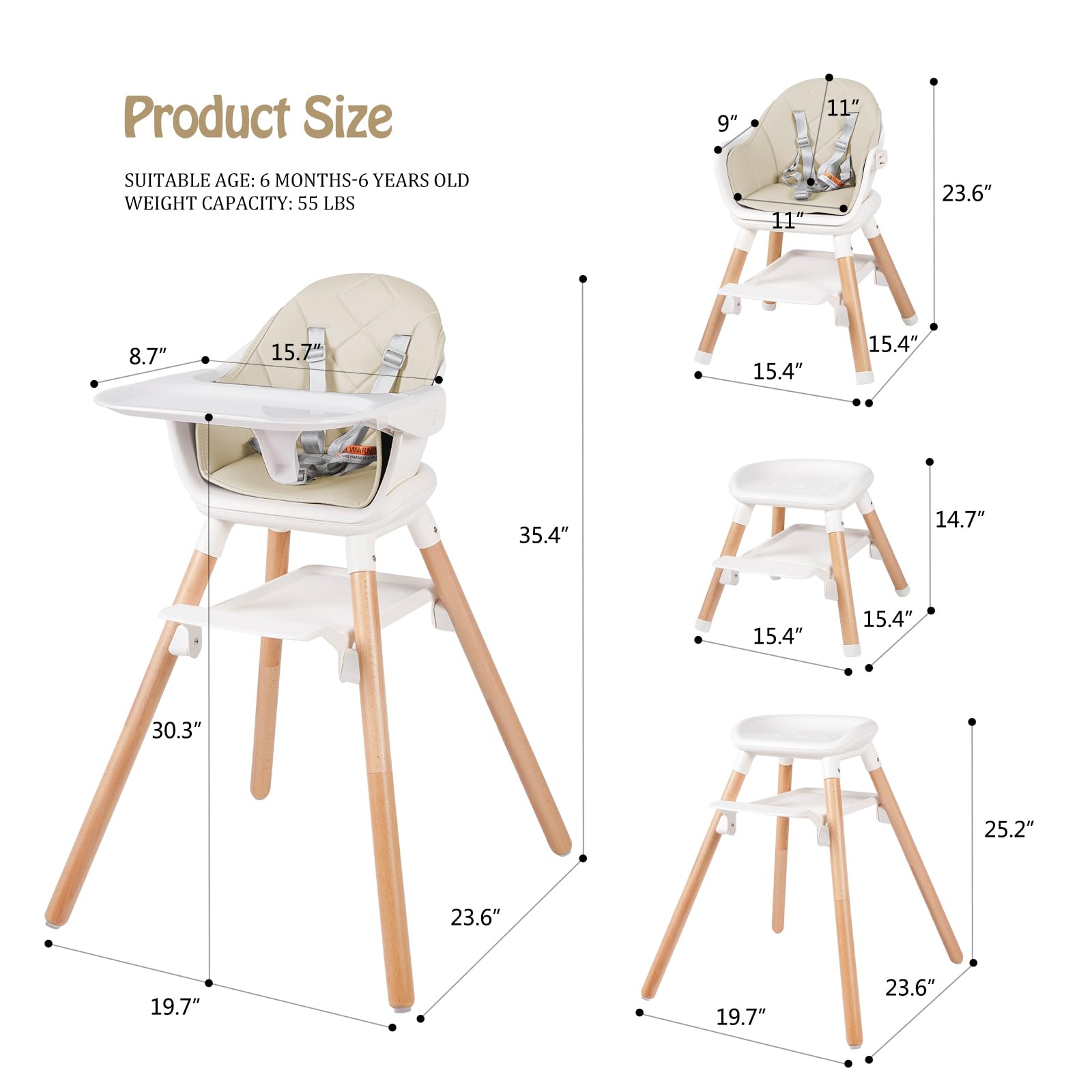 6-in-1 Convertible Wooden High Chair for Babies & Toddlers | Adjustable Height with Removable Double Tray & Footrest | Perfect for Feeding, Playtime & Learning at Home