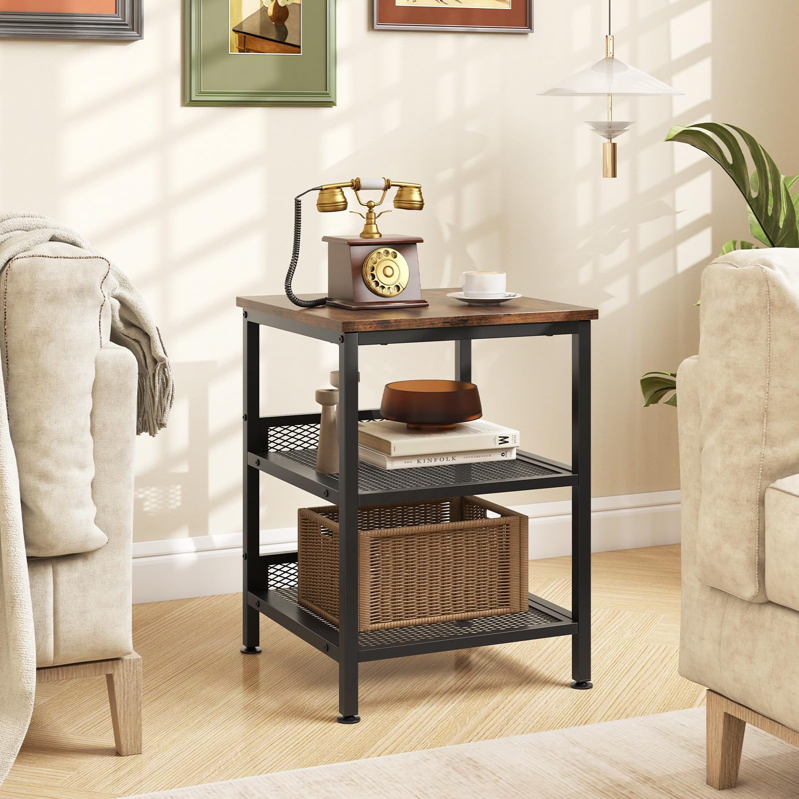 Giantex 2-Pack 3-Tier Industrial End Tables with Mesh Storage Shelves - 16