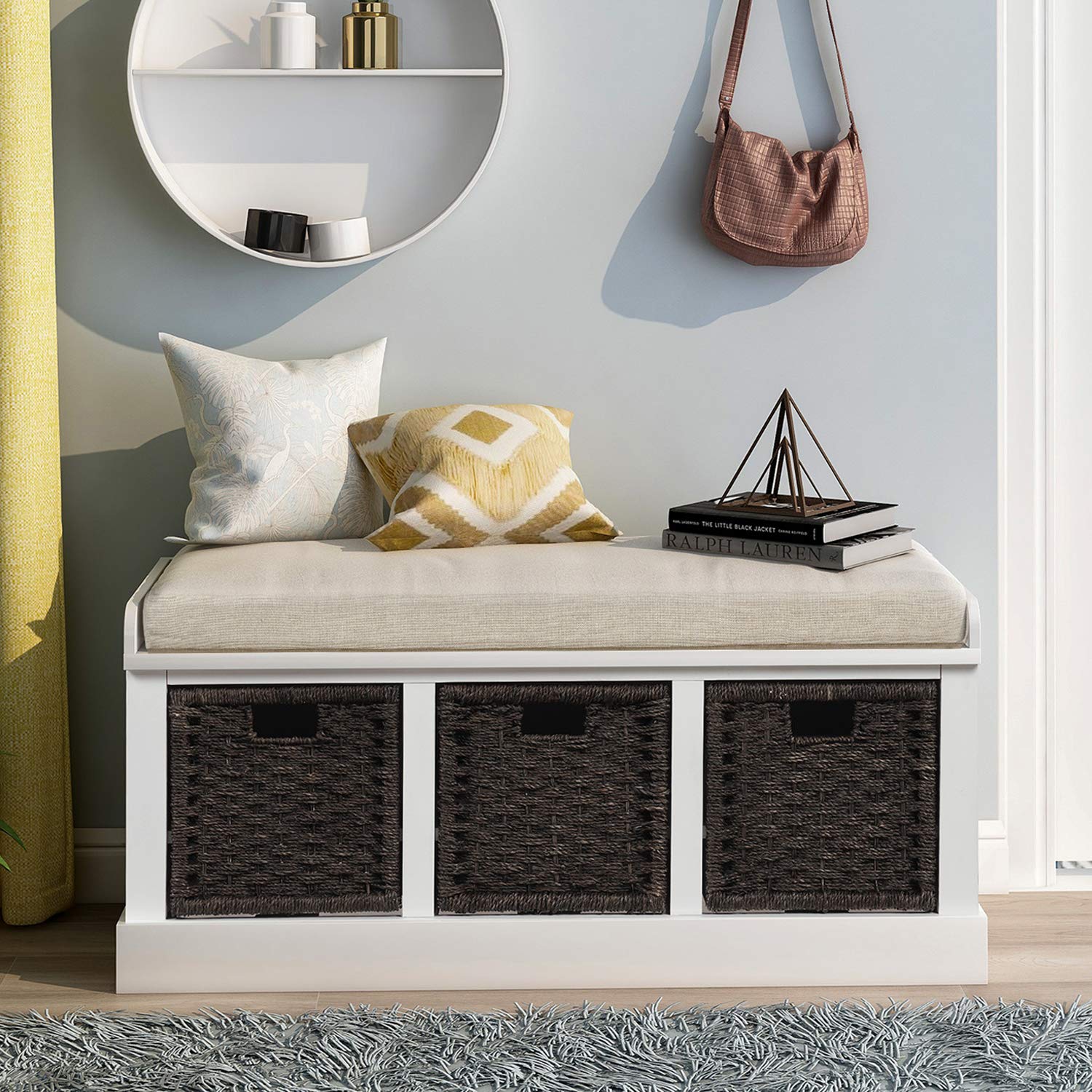 Merax Fully Assembled Storage Bench with 3 Removable Baskets & Cushion - Entryway Shoe Bench for Hallway, Living Room (White) - Perfect for Organizing Shoes, Hats & Home Decor by Entry Doors