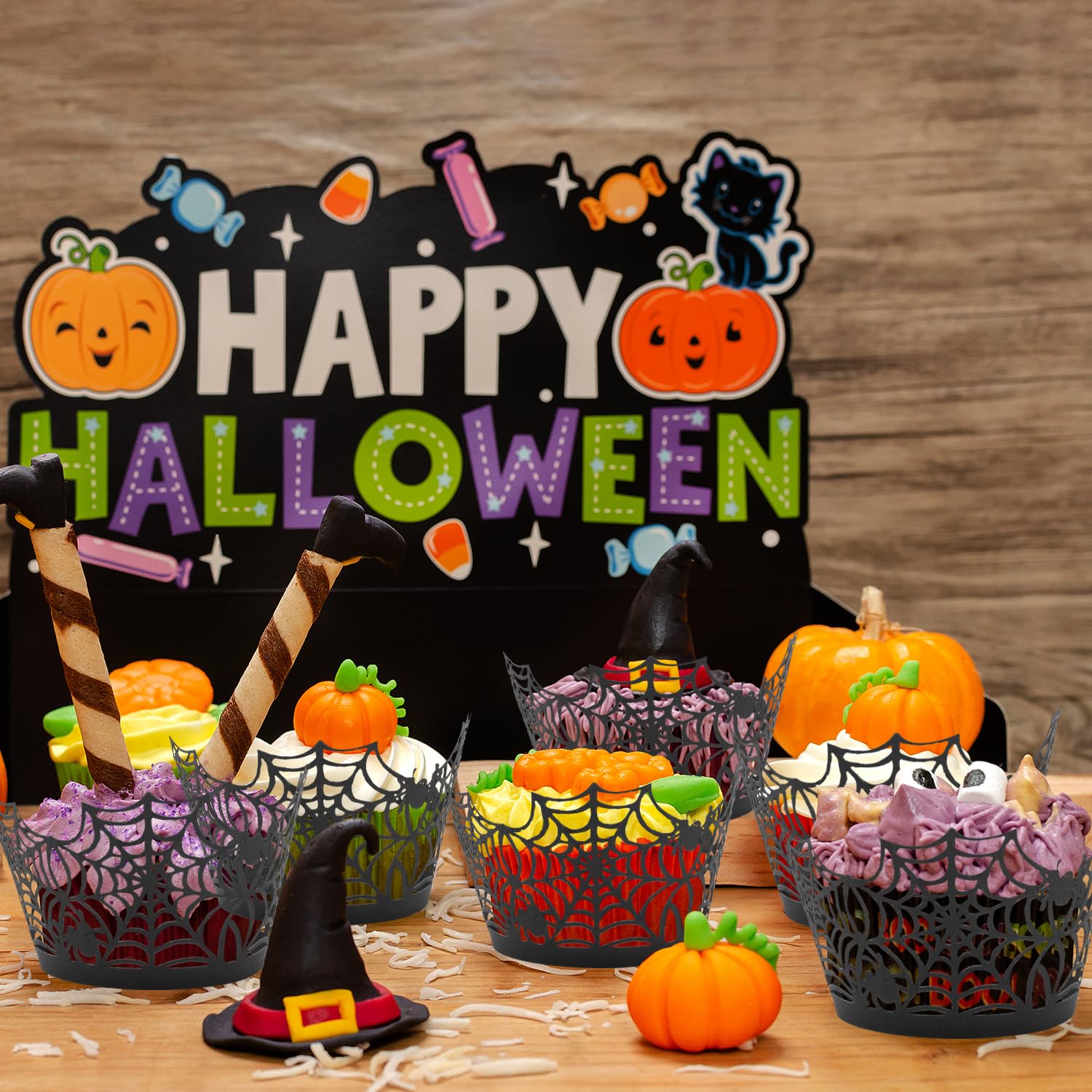 Spooky Halloween Cupcake Wrappers - 10PCS Spider Web Ghost Broom Witch Design, Black Laser Cut Paper Cupcake Liners for Halloween Party Decorations & Themed Desserts | Perfect for Halloween Baking, Cupcake Displays & Spooky Dessert Tables