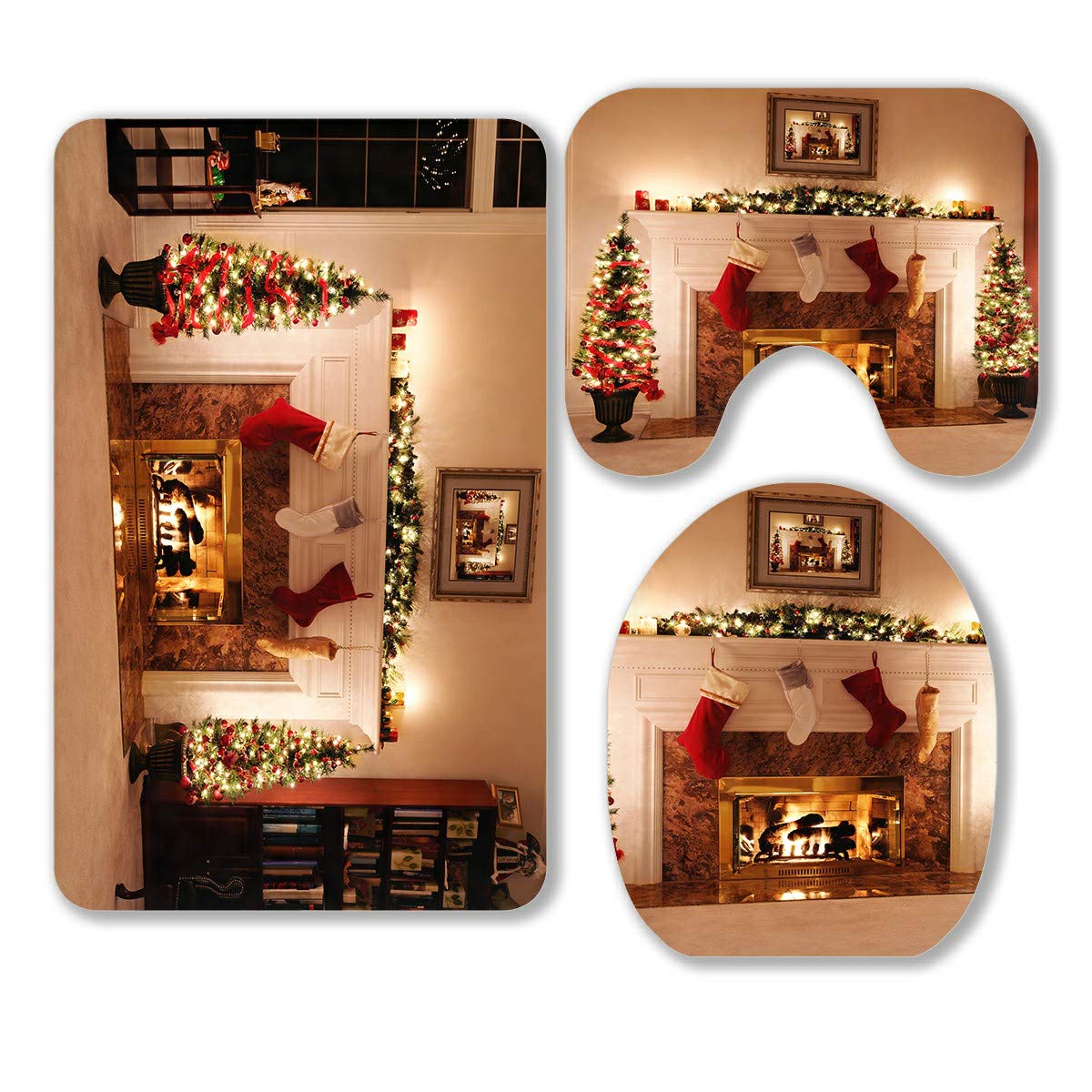 3-Piece Christmas Bathroom Rug Set - Non-Slip Contour Mat & Toilet Lid Cover - Holiday Home Decor for Living Room & Bathroom - Perfect for Christmas Decorations & Winter Home Styling