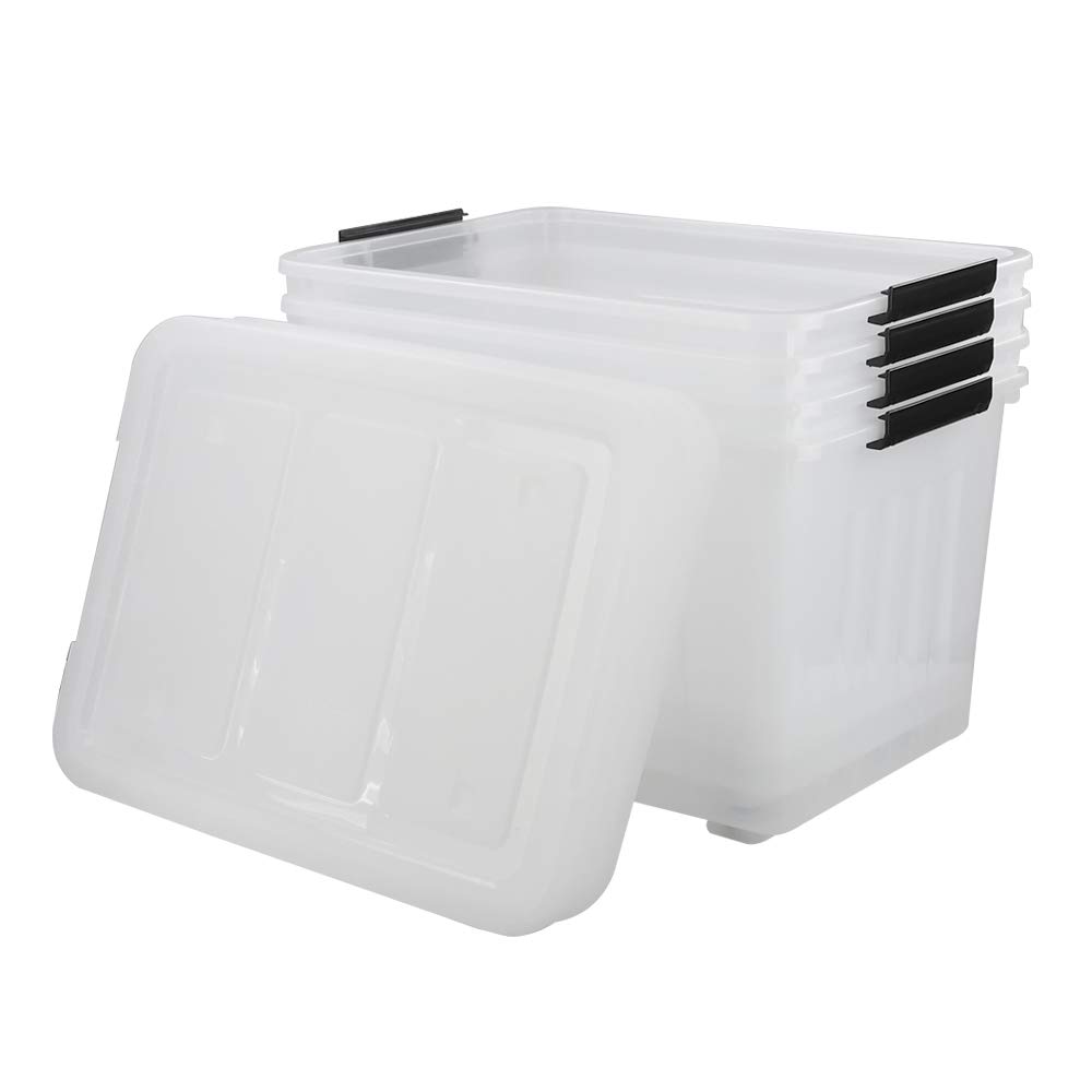 70L Clear Plastic Storage Box with Wheels - Set of 4 Large Latch Containers for Home Organization | Perfect for Garage, Closet, and Office Storage Solutions