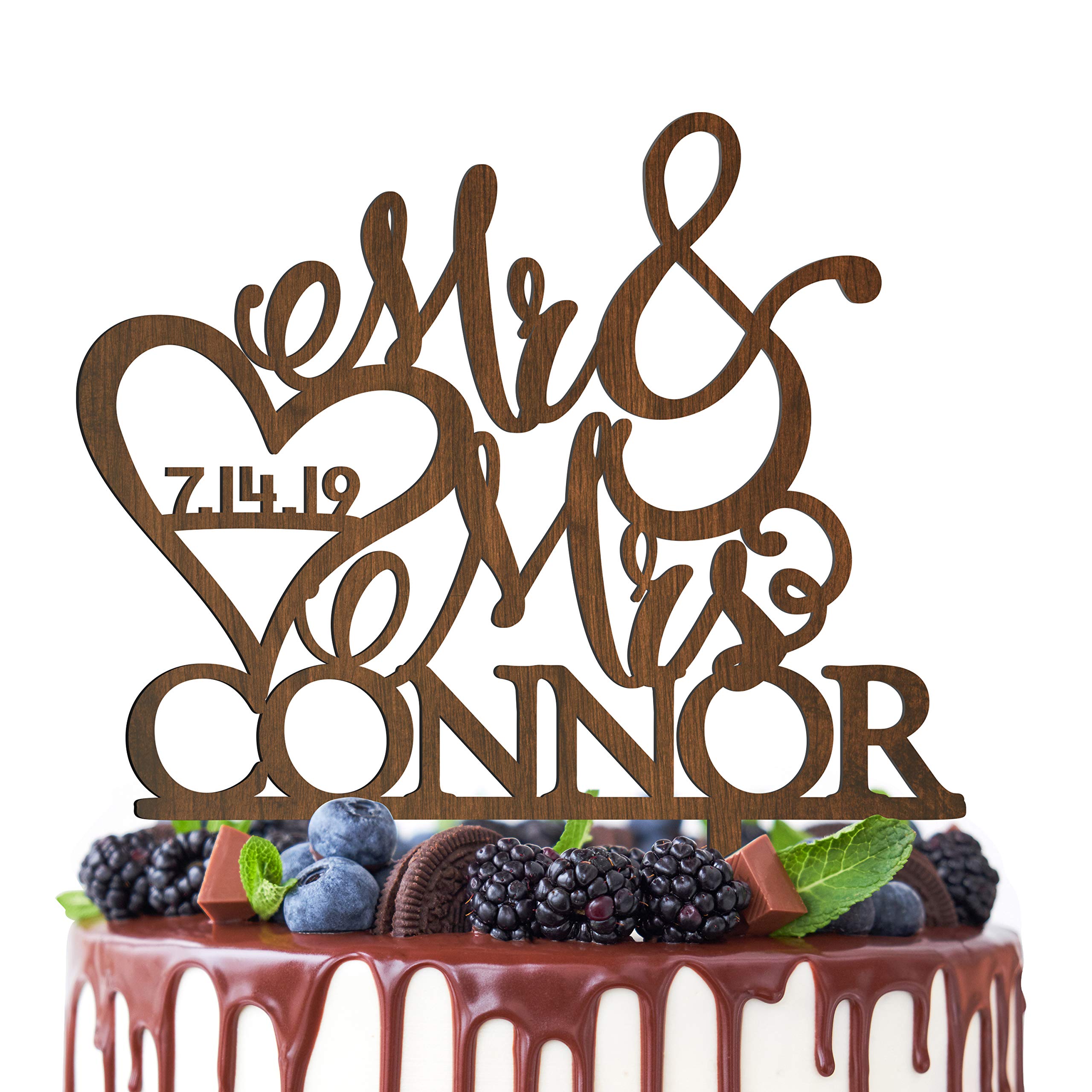 Personalized Mr & Mrs Wedding Cake Topper - Custom Wooden Cake Decorations with Last Name & Date - Bride & Groom Cake Topper for Wedding, Anniversary & Engagement Cakes | 3 Elegant Wooden Designs
