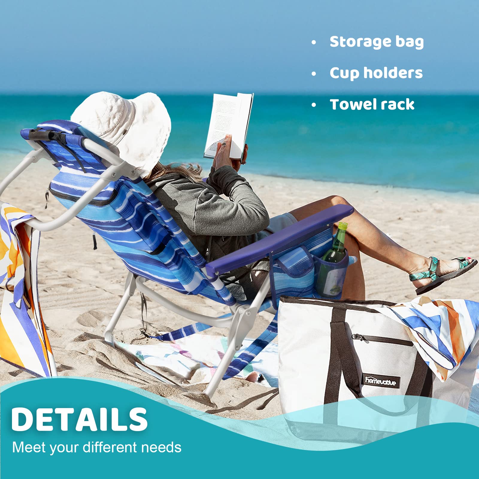 **LEMBERI Heavy Duty Folding Beach Chair for Adults - Adjustable High Back Camping Chair with Large Pockets, Cup Holder & Towel Rack - Portable for Outdoor, Travel, Picnics & Beach Lounging (2-Pack, Blue)**