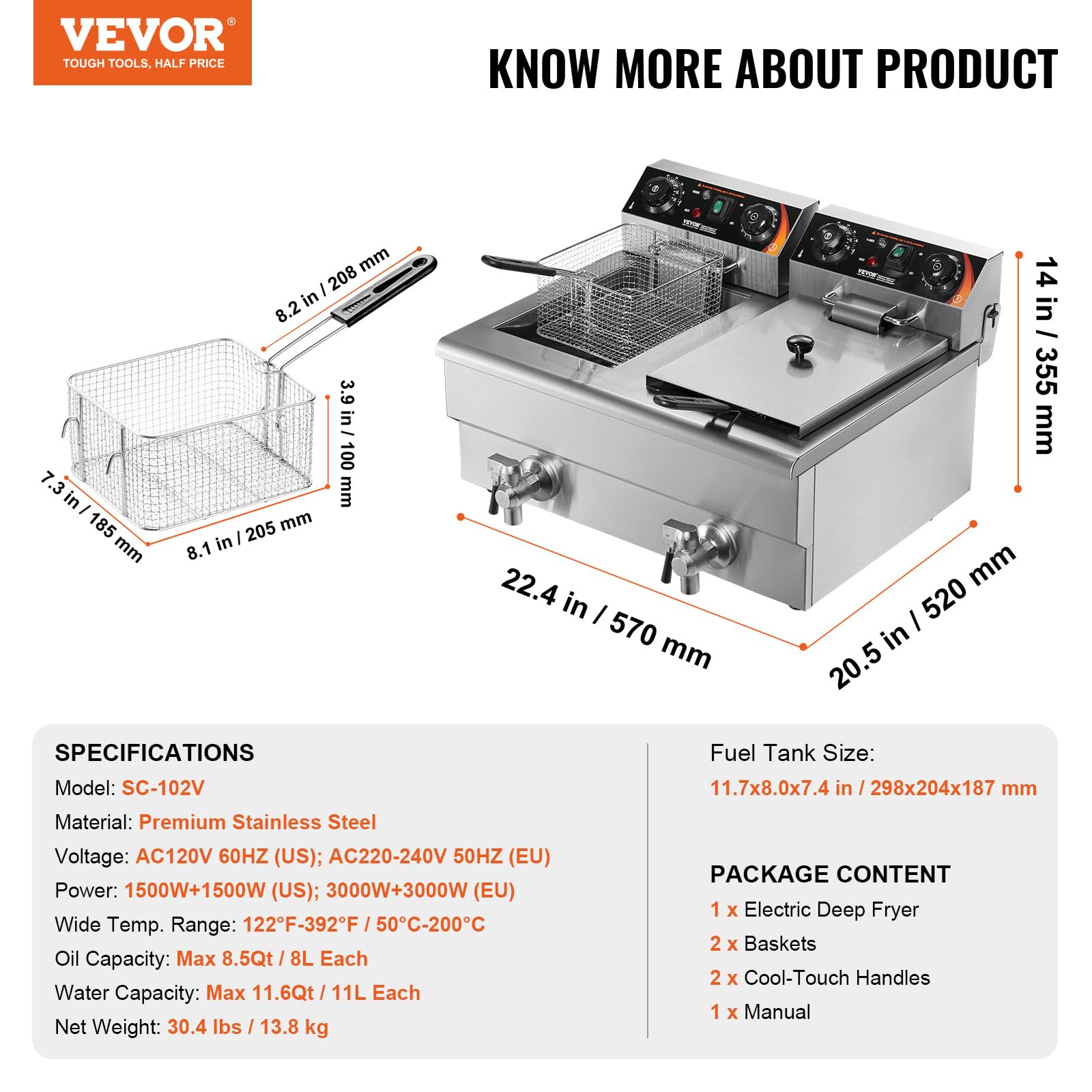 VEVOR 3000W Commercial Dual Tank Electric Deep Fryer with Basket, 2 x 11.6Qt/11L Stainless Steel Oil Fryer with Drain, Timer & Temperature Control - Perfect for Restaurants, Fast Food Shops, and Home Kitchen Use