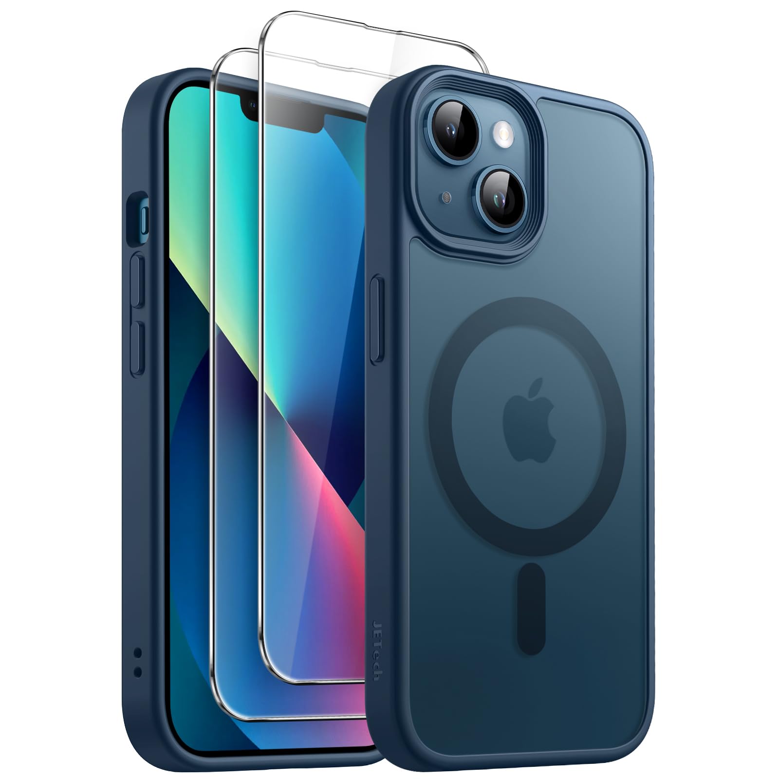 JETech 3 in 1 Magnetic Case for iPhone 13 6.1-Inch | Shockproof Translucent Matte Cover with 2-Pack Tempered Glass Screen Protector | MagSafe Compatible | Storm Blue | Perfect for Work, Travel & Everyday Protection