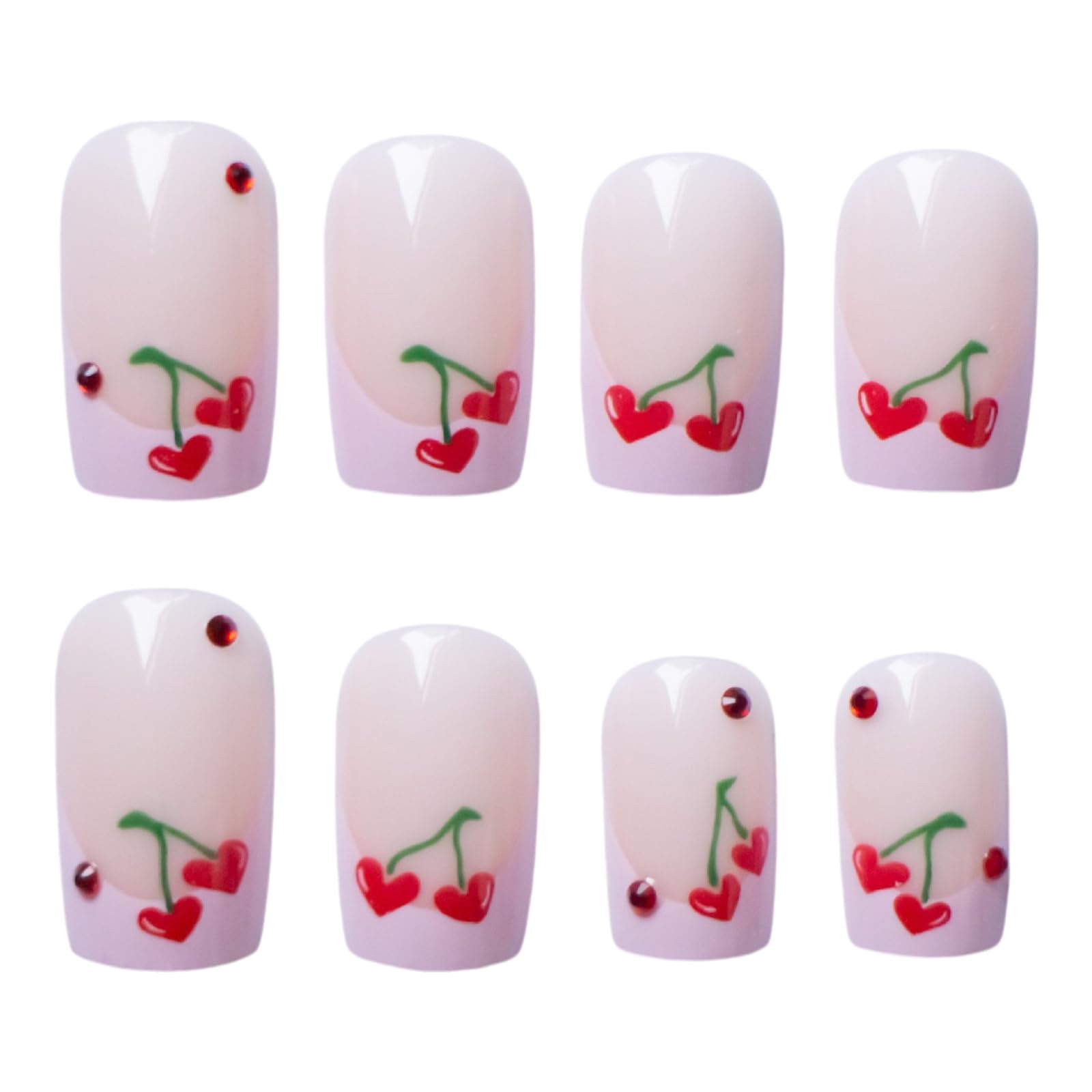 24 Pcs French Tip Press on Nails Short Square Fake Nails - Red Cherry Heart Design with Rhinestones & Glossy Finish | Valentine's Day Nail Art for Women | Perfect for Parties, Weddings & Special Occasions