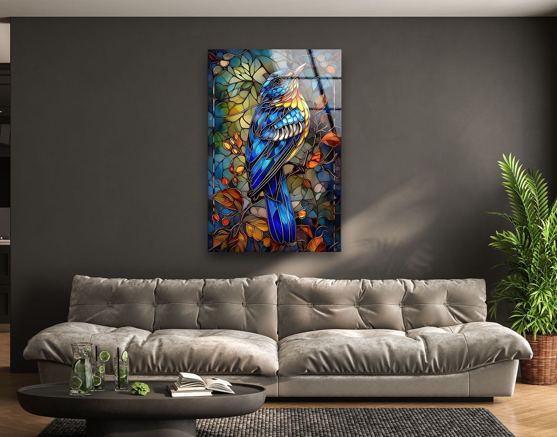 Stunning Blue Shiny Bird Glass Wall Art - Handmade Home Decor for Living Room, Bedroom & Office - Elegant Gift Idea for Bird Lovers