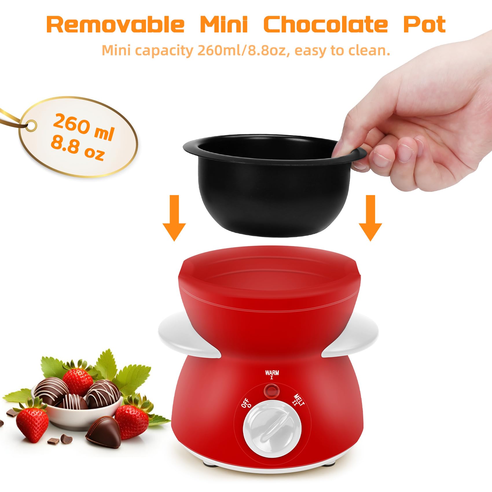 Mini Chocolate Melting Pot - 8.79OZ Electric Chocolate Fondue Fountain Warmer for Milk Chocolate, Cheese, Butter & Candy (Red) | Perfect for Parties, Desserts & Romantic Dinners