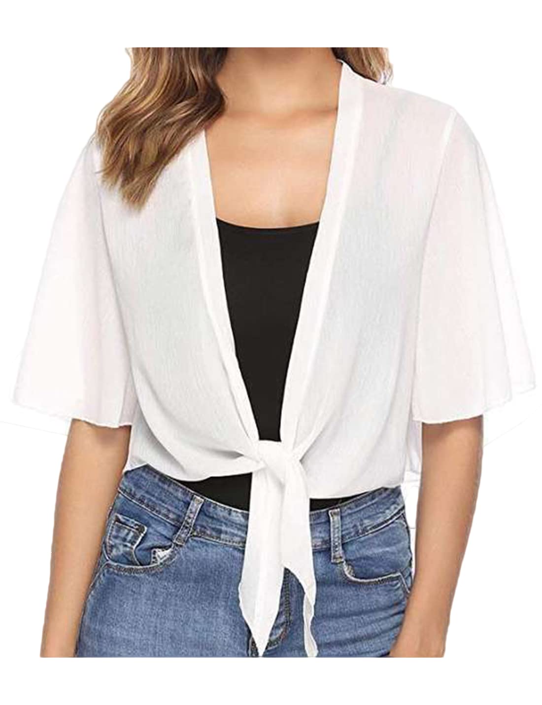 Bankeng Women's Casual Short Sleeve Sheer Chiffon Shrug - Summer Tie Front Cropped Bolero Cardigan for Beach Cover Up, Evening Wear & Layering Outfits
