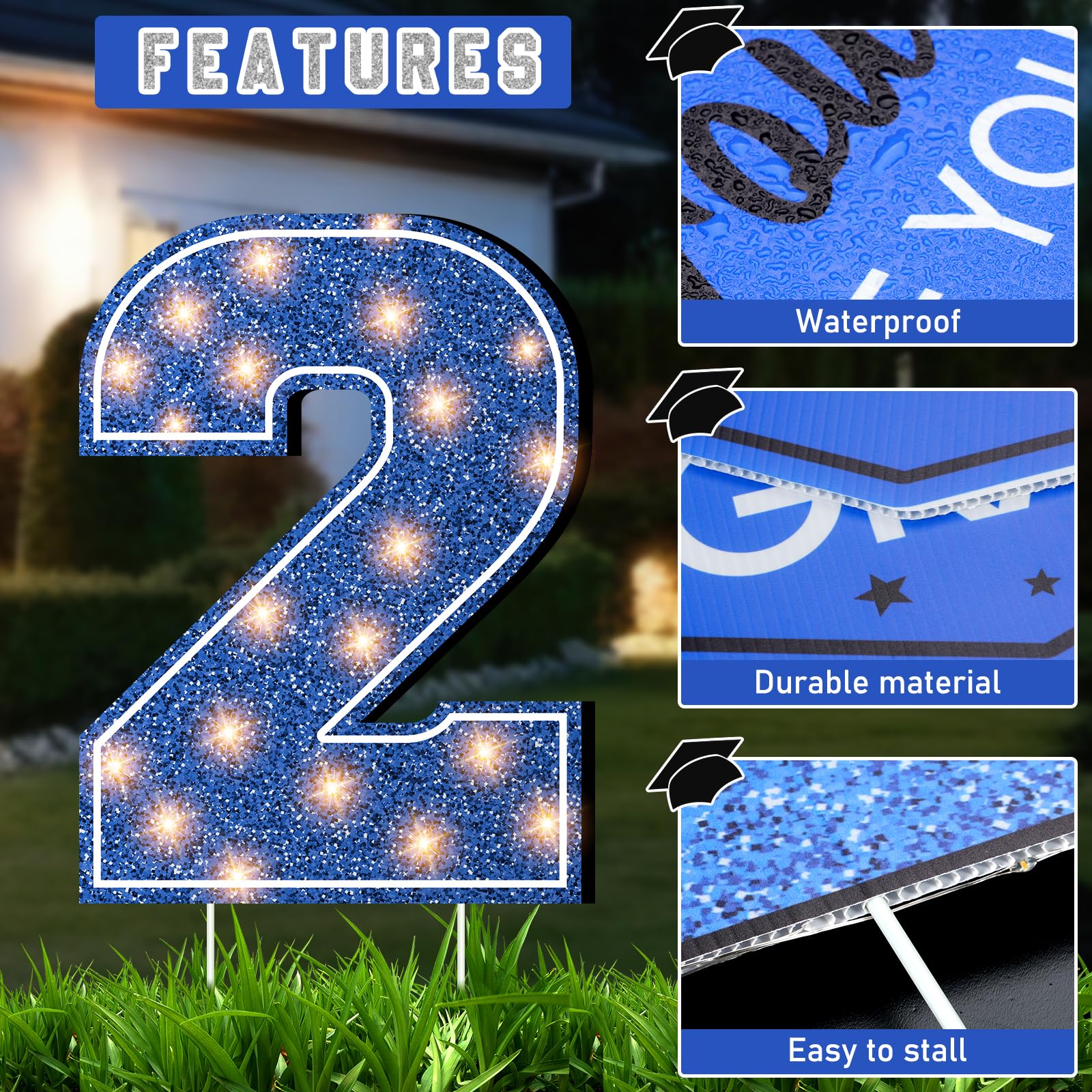 2025 Graduation Yard Sign with LED Lights - Large Outdoor Class of 2025 Lawn Decor with Stakes - Light Up Pathway Sign for Grad Party, Backyard Celebration & Congratulatory Decorations (Blue)