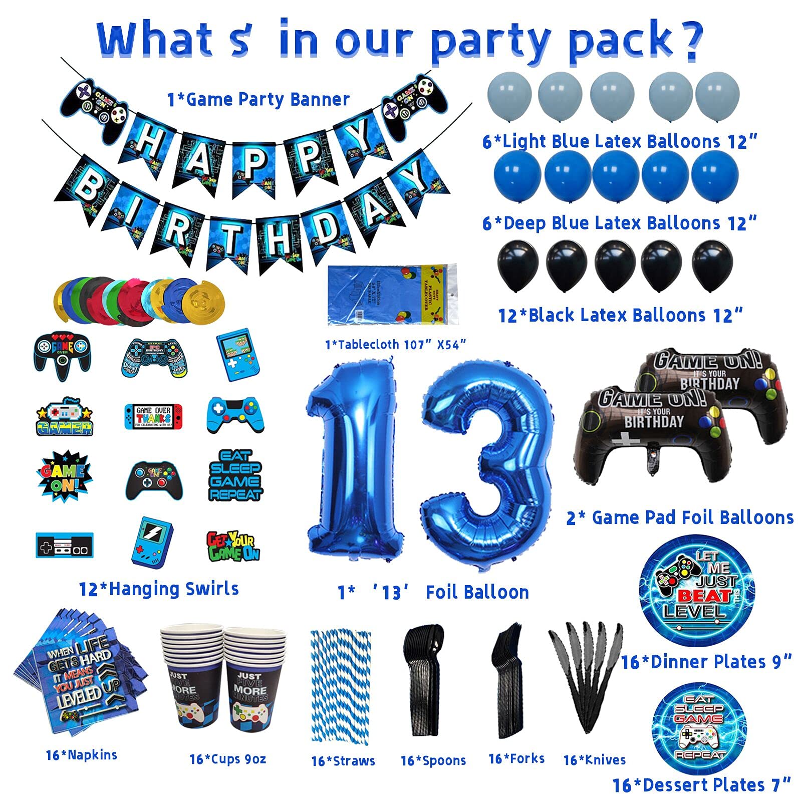 Vlipoeasn 13th Birthday Video Game Party Supplies - Blue Gamer Theme Decorations Set for Boys (169 PCS) | Includes Disposable Plates, Hanging Swirls, Balloons & Birthday Banner | Perfect for 16 Guests | Ideal for Gaming Parties, Teen Celebrations & Themed Events