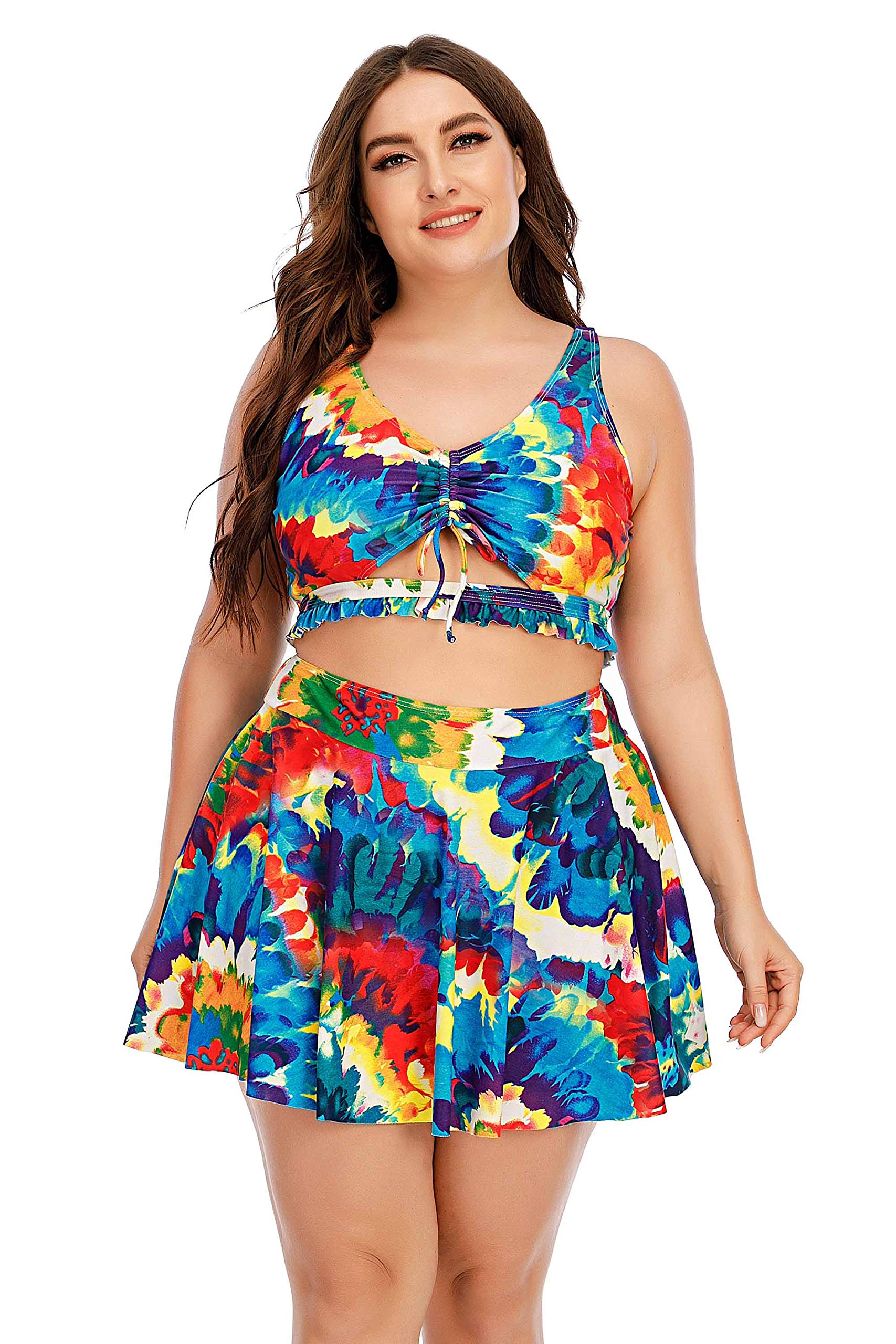 Wellwits Women's Plus Size Tie Dye Print 2 Piece Skirt Bikini Swimsuit Set - High Waisted Swim Dress for Beach Vacation & Pool Party