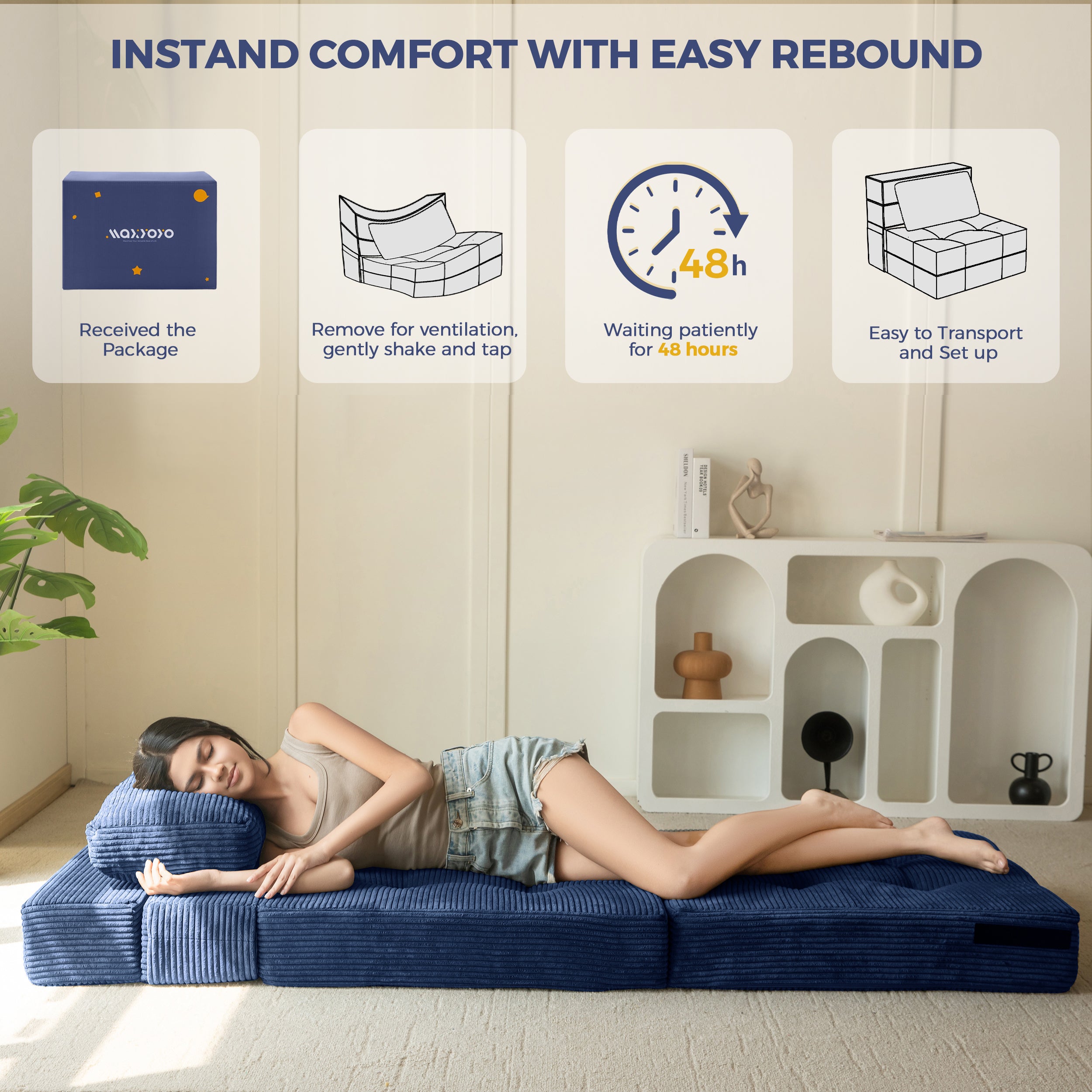 MAXYOYO 3-in-1 Convertible Sofa Bed - Fold Out Single Sleeper Sofa with Pillow, Foam Floor Couch & Lazy Chair for Living Room, Bedroom, Guest Room (Navy Blue) | Perfect for Small Spaces, Overnight Guests & Relaxing