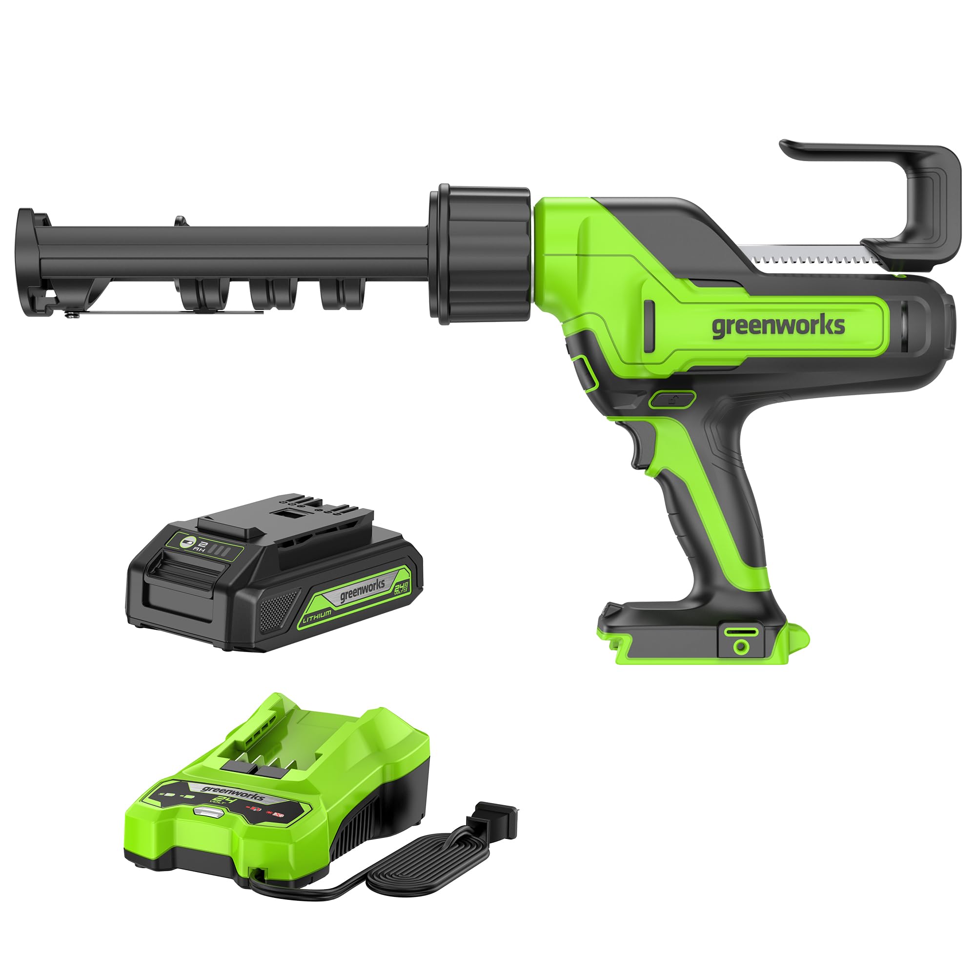 Greenworks 24V Cordless 10 oz. Caulk & Adhesive Gun - 6-Speed Adjustable with Anti-Drip Technology, Includes 2Ah USB Battery & 2A Fast Charger - Perfect for Home Repairs, DIY Projects, and Professional Construction Work