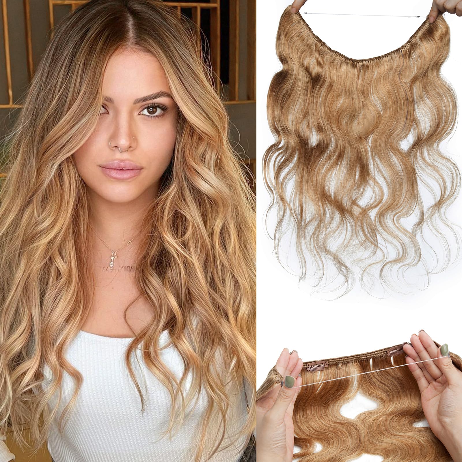Benehair 100% Real Human Hair Halo Extensions - 18 Inch Dark Blonde Wavy & Curly Hair Extensions (65g) | Natural Look for Weddings, Parties & Everyday Styling