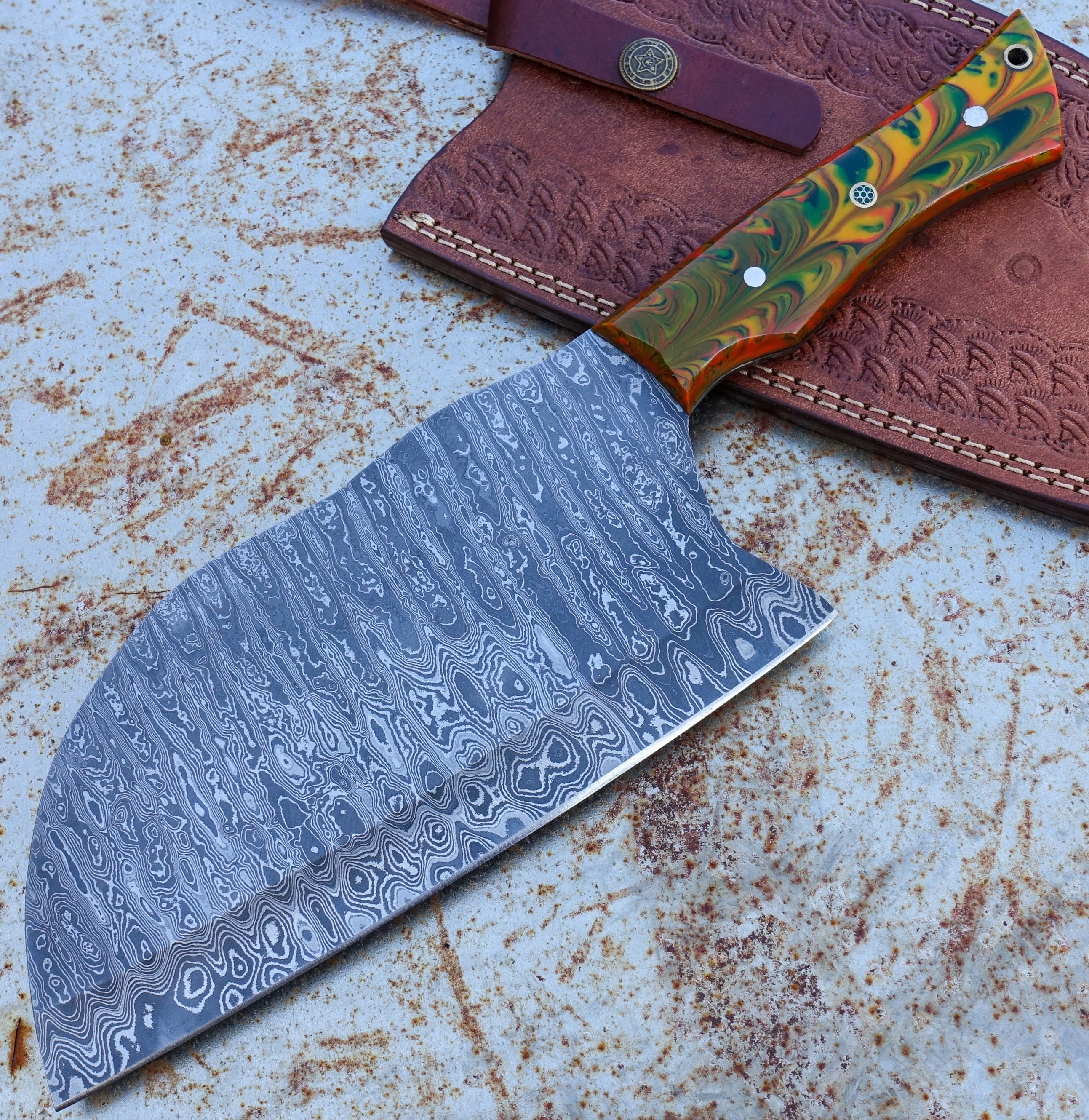 Premium HK Knives 7-Inch Damascus Steel Cleaver with Protective Sheath - Professional Kitchen Knife for Meat, Vegetables & Asian Cuisine | Perfect for Chefs, Home Cooks & Outdoor Cooking