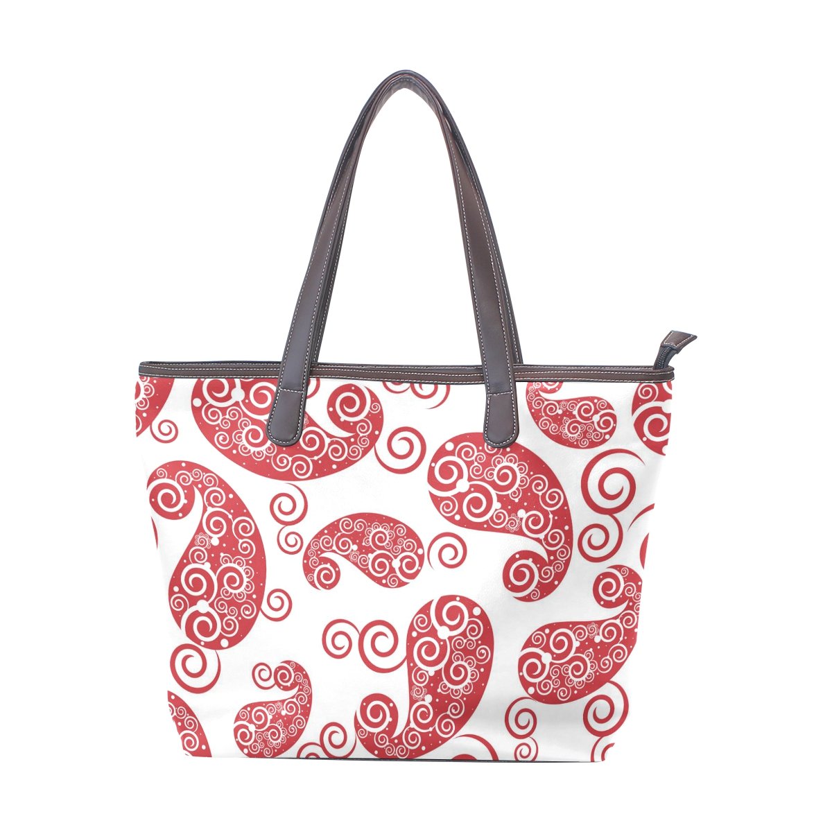 Stylish Large Women's PU Leather Tote Shoulder Bag - Red Paisley Print Handbag for Work, Travel & Everyday Use
