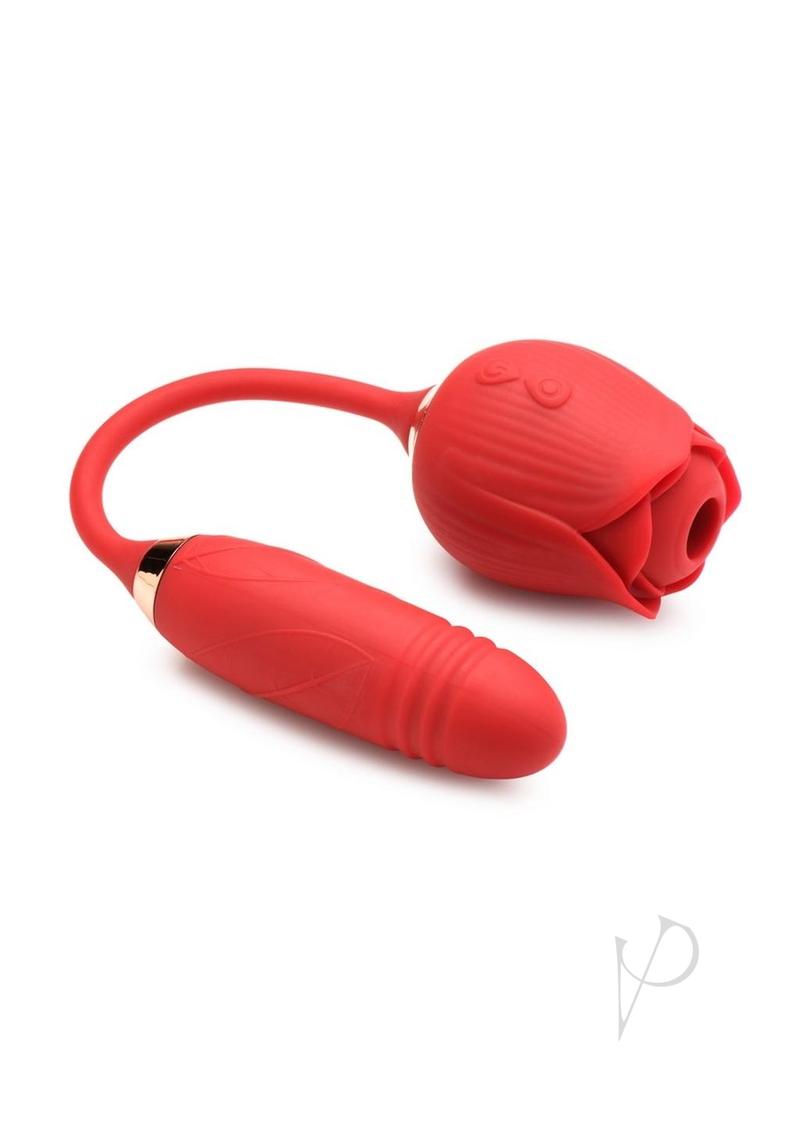 Bloomgasm Romping Rose 10X Rechargeable Silicone Suction Rose & Thrusting Vibrator - Red | Powerful Clitoral & G-Spot Stimulation for Women | Perfect for Solo Play & Couples Intimacy
